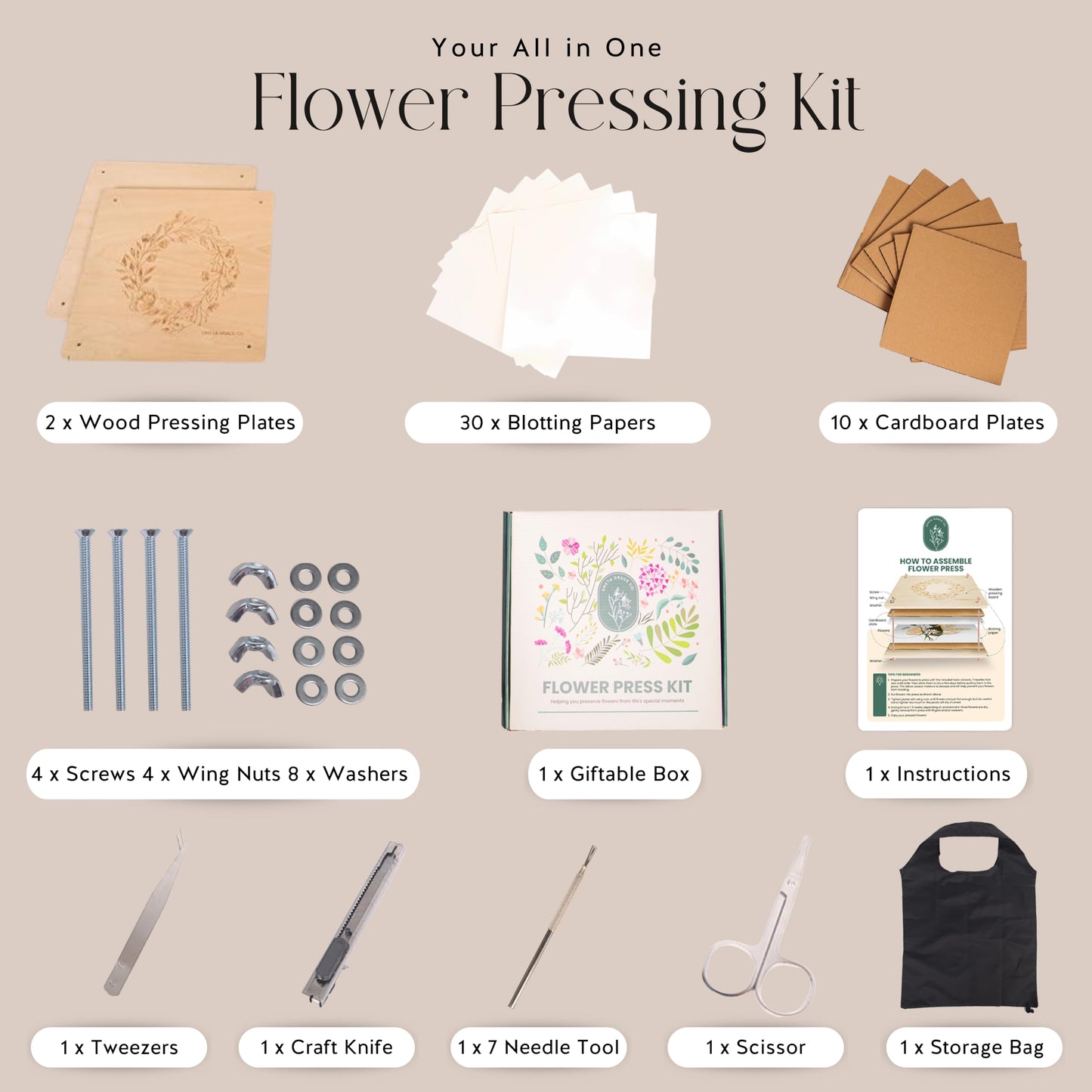 Greta Grace Co Extra Large Flower Press Kit | 11x11, 10 Layers, Tools & Bag