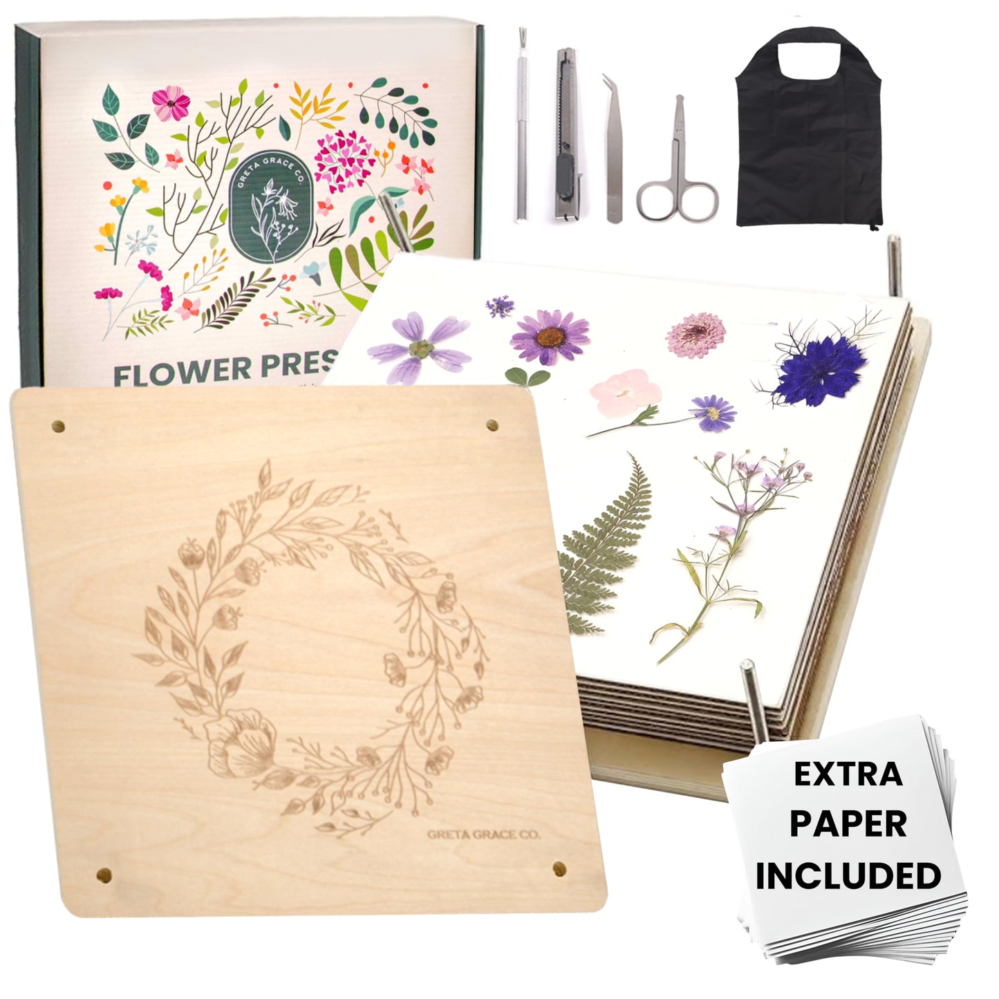 Greta Grace Co Extra Large Flower Press Kit | 11x11, 10 Layers, Tools & Bag