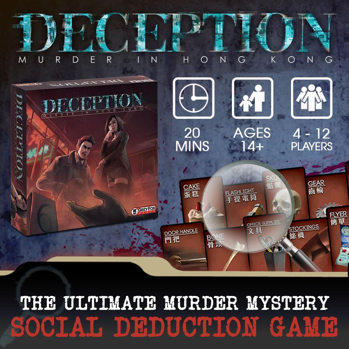 Grey Fox Games Deception: Murder in Hong Kong – Social Deduction Board Game | 4-12 Players | 20 Minutes