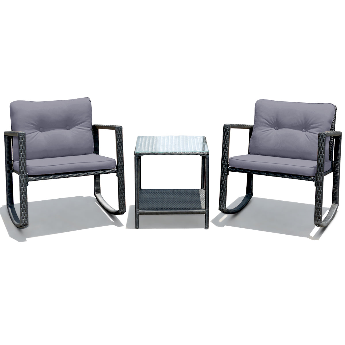 3 Pieces Outdoor Rocking Bistro Set PE Rattan with Cushions-Beige