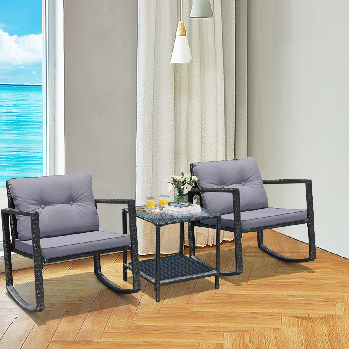 3 Pieces Outdoor Rocking Bistro Set PE Rattan with Cushions-Beige