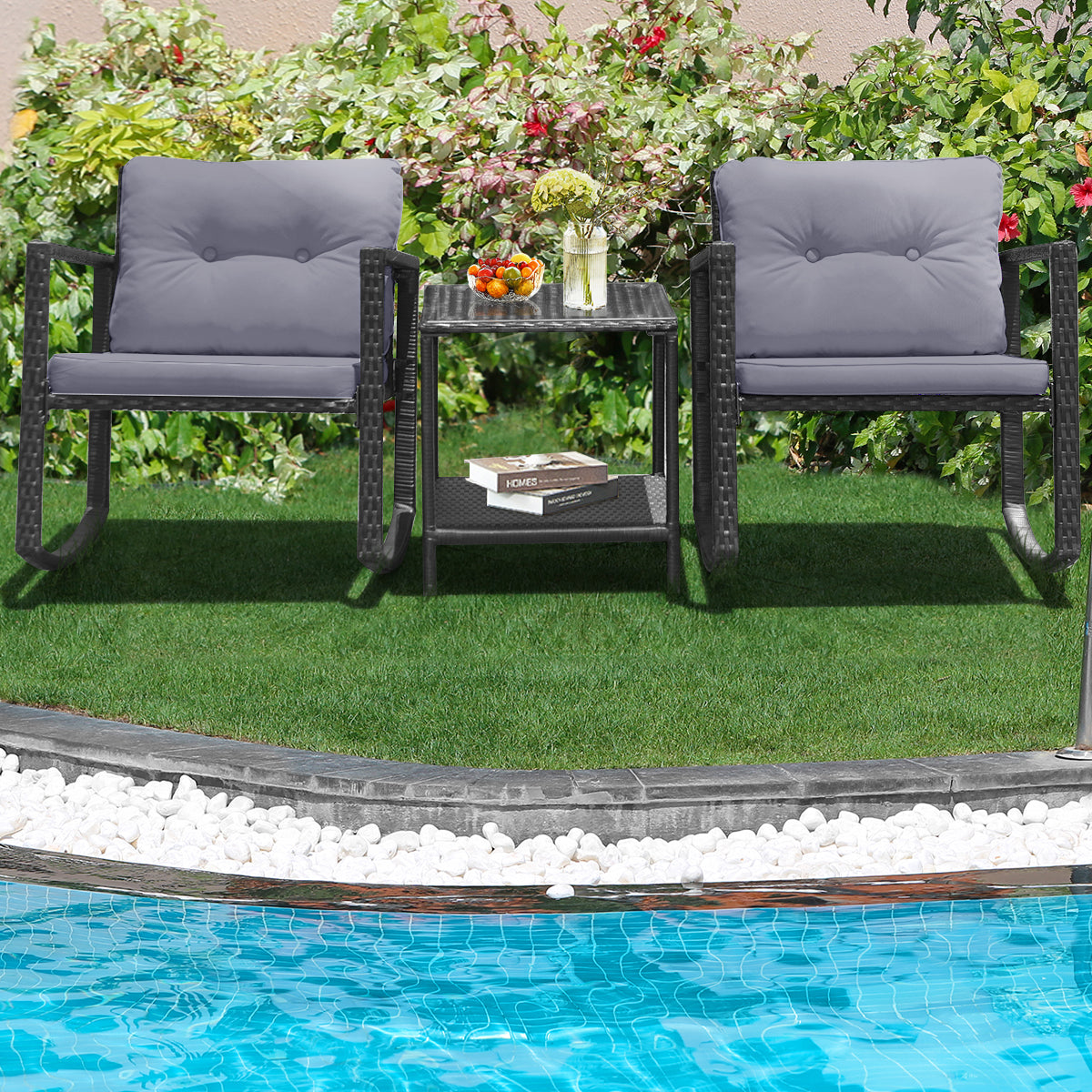 3 Pieces Outdoor Rocking Bistro Set PE Rattan with Cushions-Beige