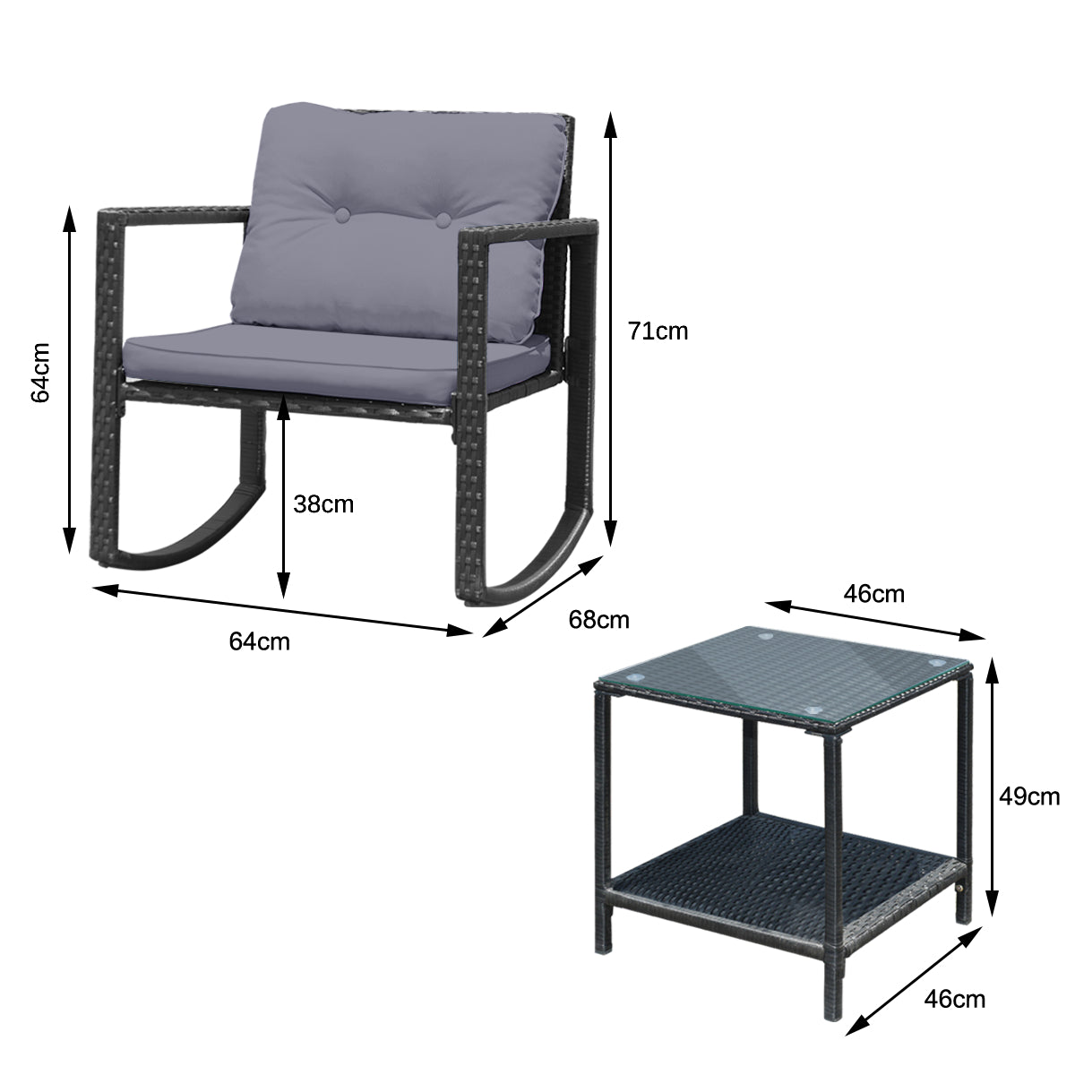 3 Pieces Outdoor Rocking Bistro Set PE Rattan with Cushions-Beige