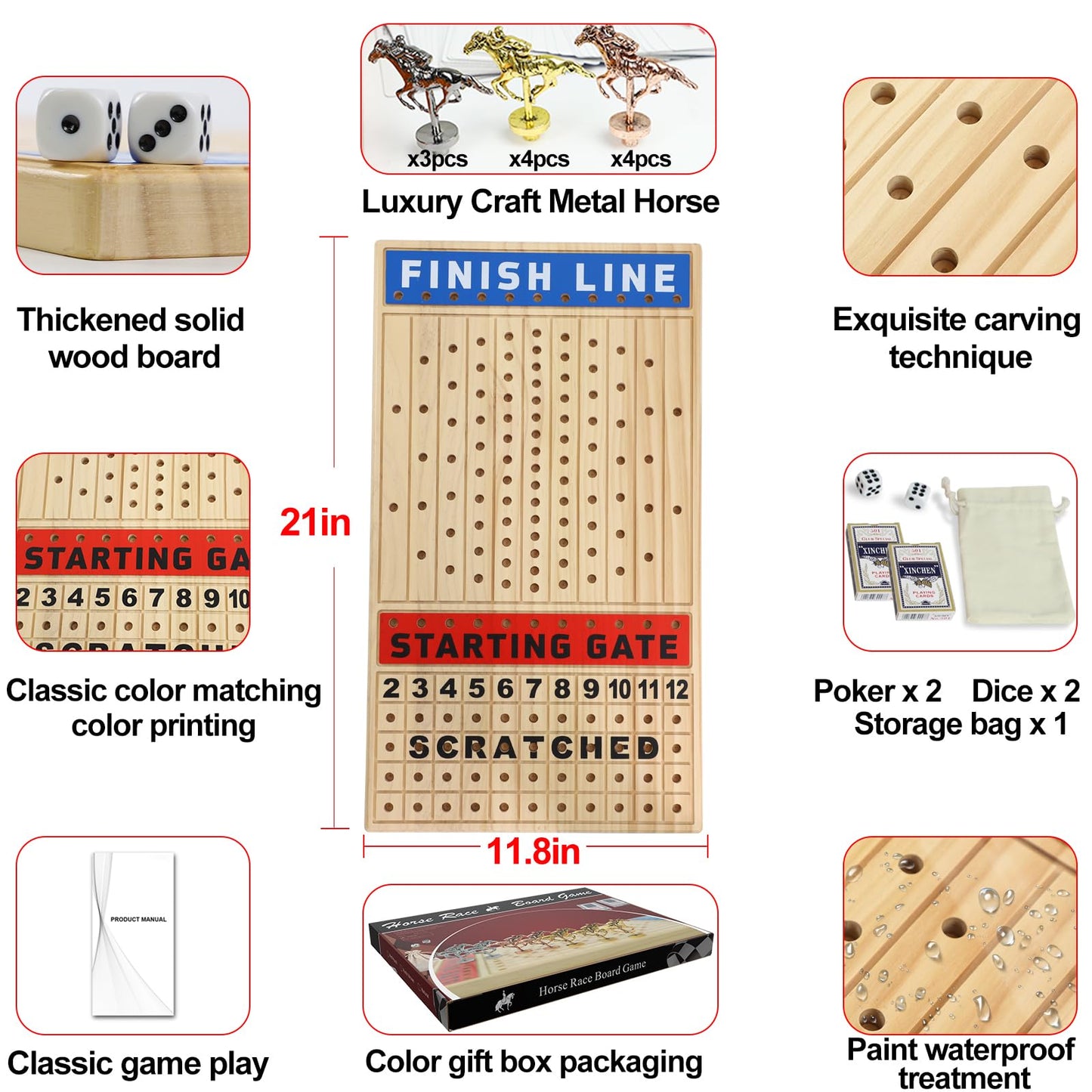 Grhonior 21-Inch Horse Racing Board Game with 11 Luxury Metal Horses – Finish LINE Race Board