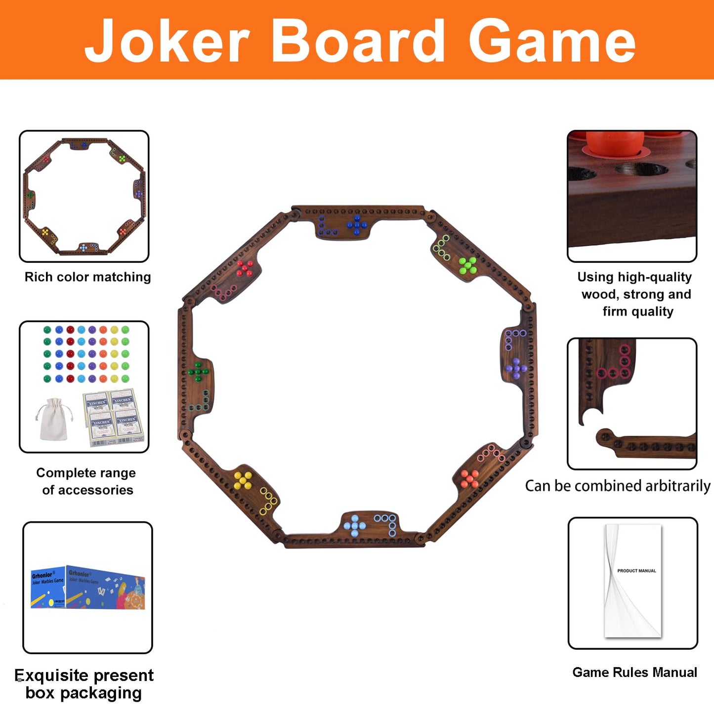 Grhonior Marbles & Jokers Board Game – Solid Pine, 2-8 Players, 8 Boards