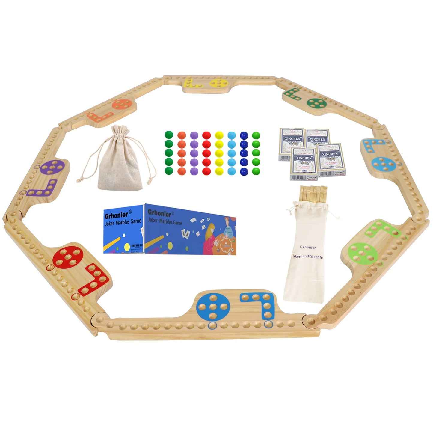 Grhonior Marbles & Jokers Board Game – Solid Pine Wood, 2-8 Players, 8 Boards, 40 Marbles
