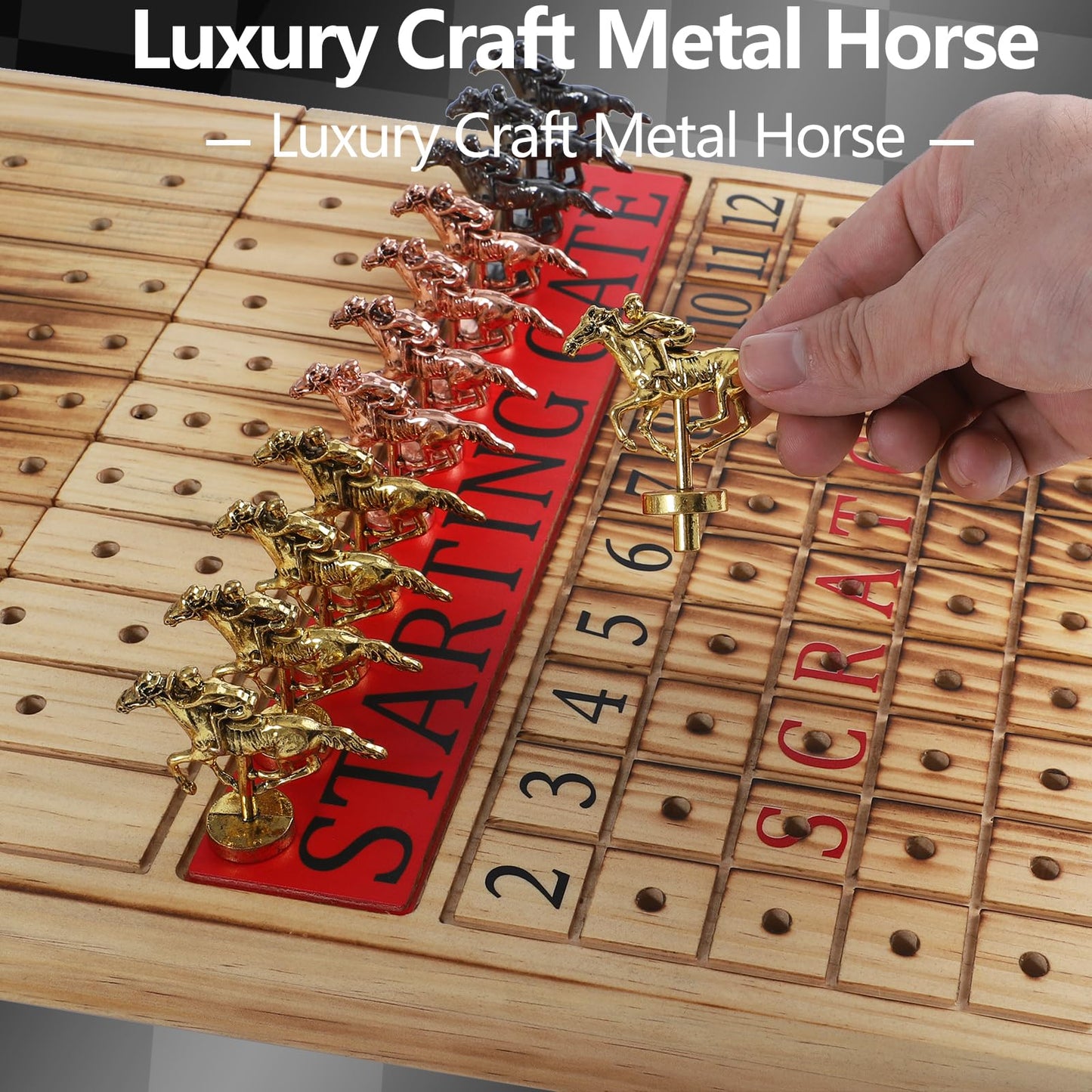 Grhonior Wooden Finish Line Horse Racing Board Game – 11 Metal Horses, Folding Travel Set