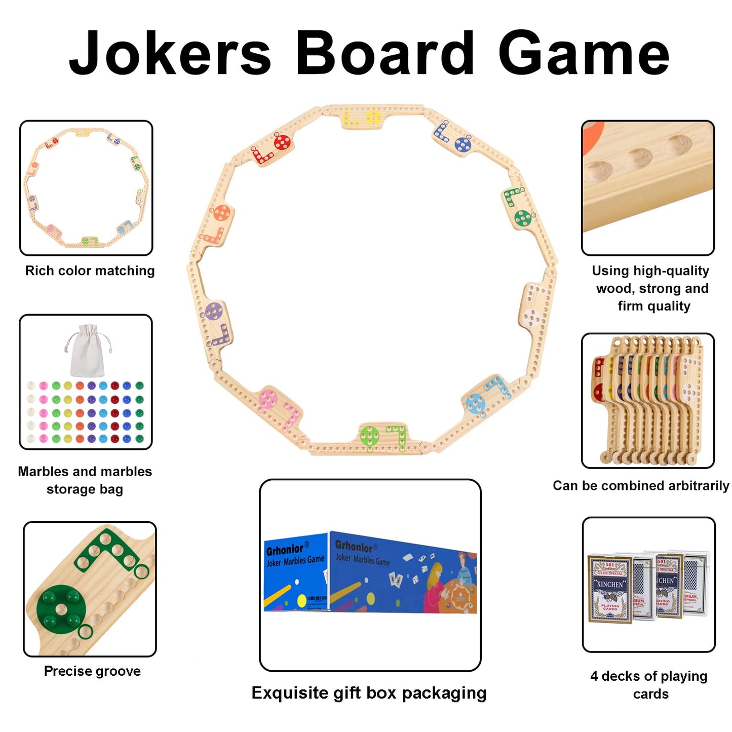 Grhonior Upgraded 10-Player Interlocking Pegs & Jokers Board Game – Wooden, Portable Marbles & Cards