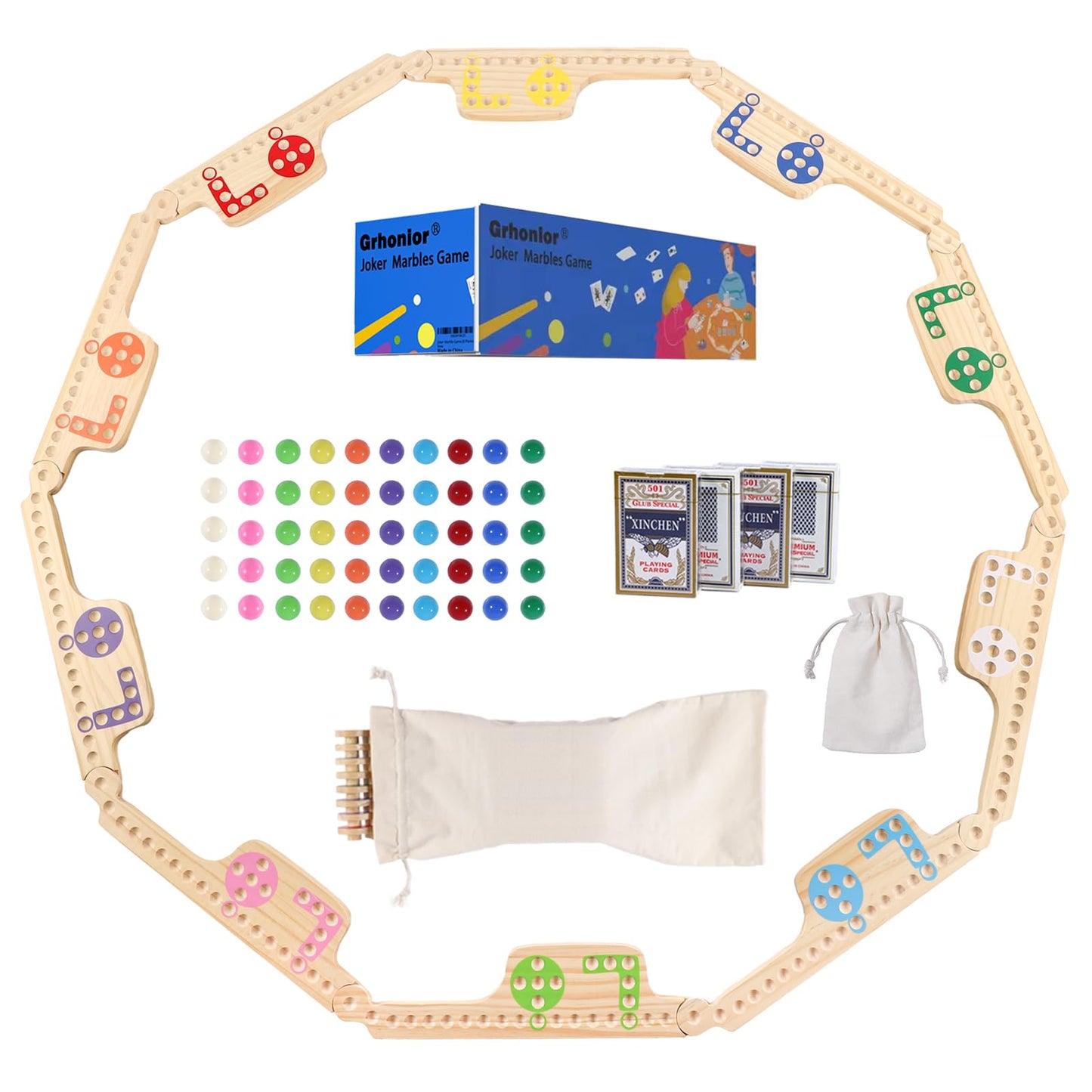 Grhonior Upgraded 10-Player Interlocking Pegs & Jokers Board Game – Wooden, Portable Marbles & Cards