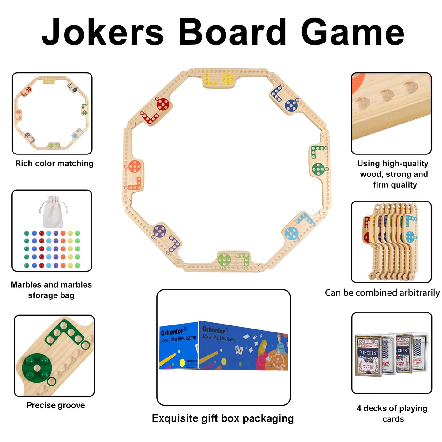 Grhonior Upgraded Interlocking Pegs and Jokers Board Game for 2-8 Players, Portable Family Night