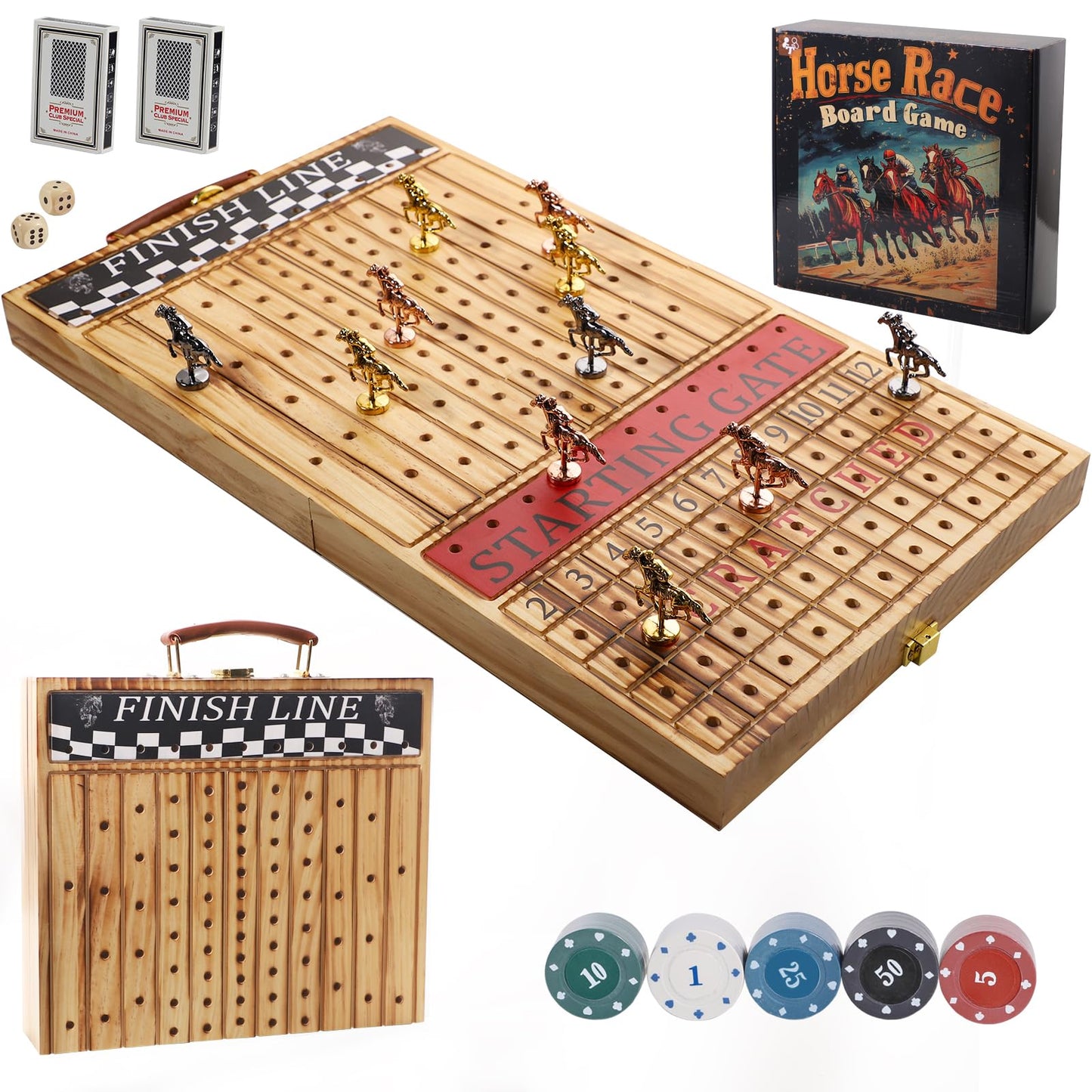 Grhonior Wooden Finish Line Horse Racing Board Game – 11 Metal Horses, Folding Travel Set