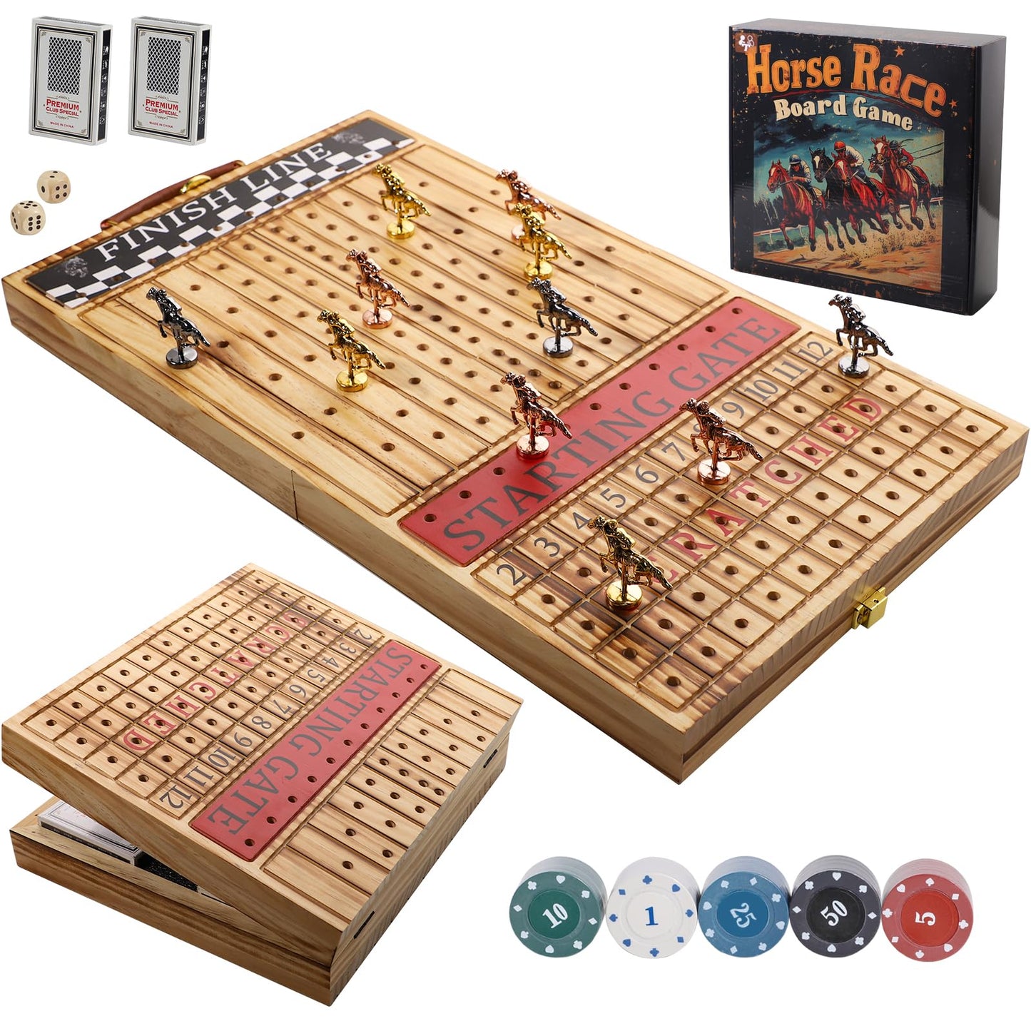 Grhonior Wooden Finish Line Horse Racing Board Game – 11 Metal Horses, Folding Travel Set