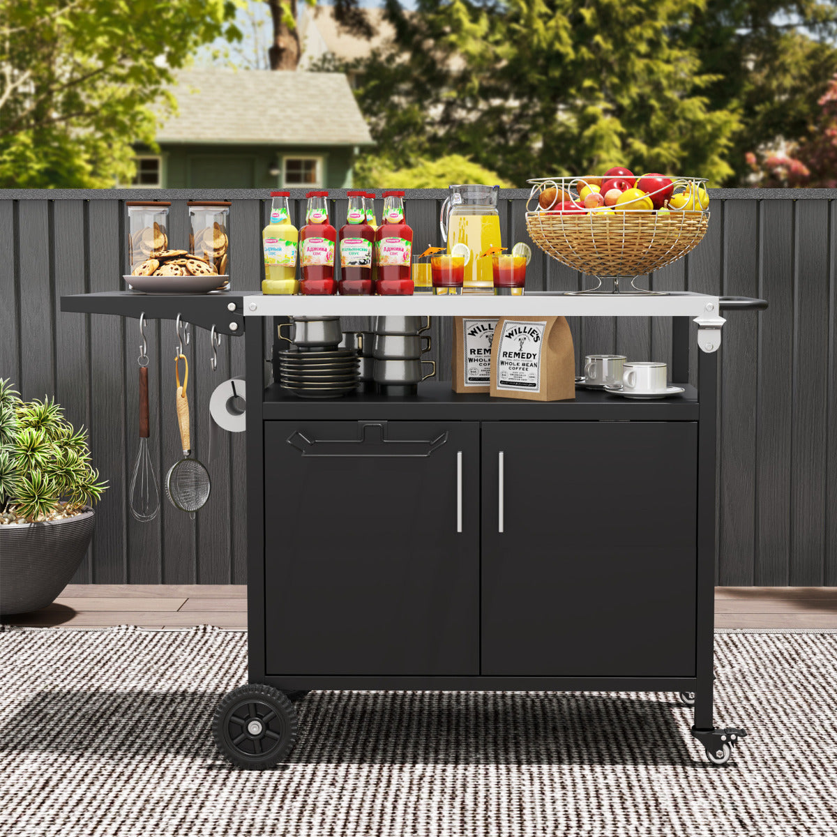 Grill Cart with Storage and Folding Stainless Steel Top-Black