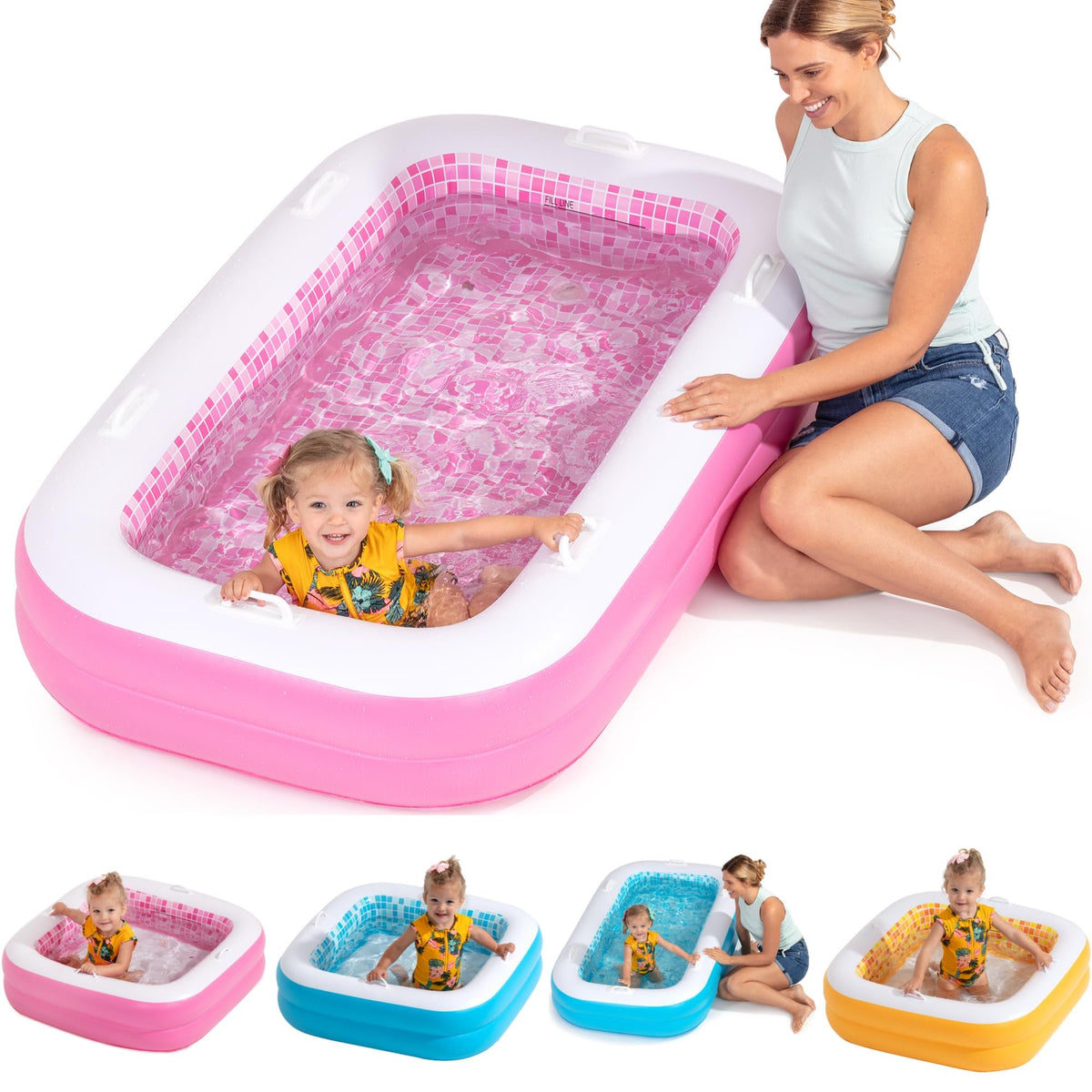 GRIP A POOL 2-in-1 Inflatable Kiddie Pool – 65x39x10 in, Soft Cushioned Floor, Handles, Drain