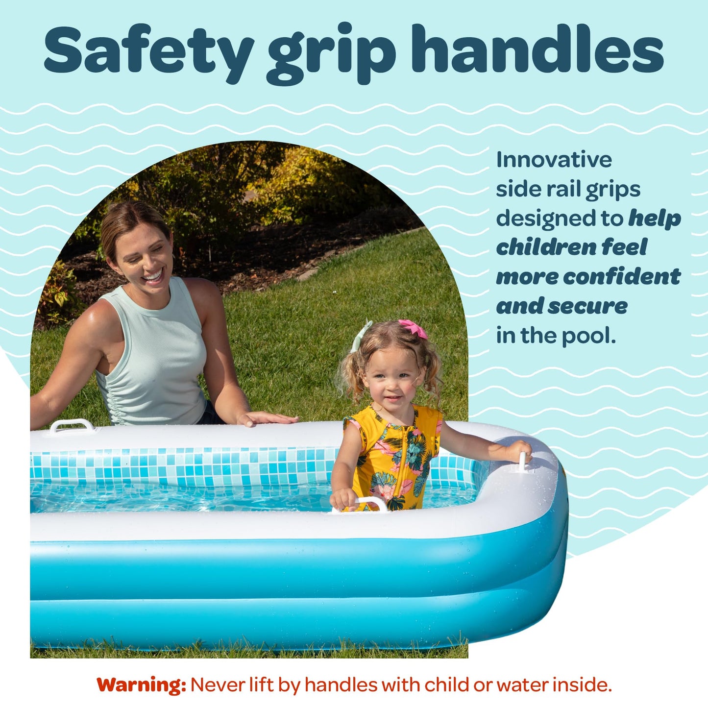 GRIP A POOL 2-in-1 Inflatable Kiddie Pool — 65x39x10 in, Soft Cushioned Floor & Side Rail Handles