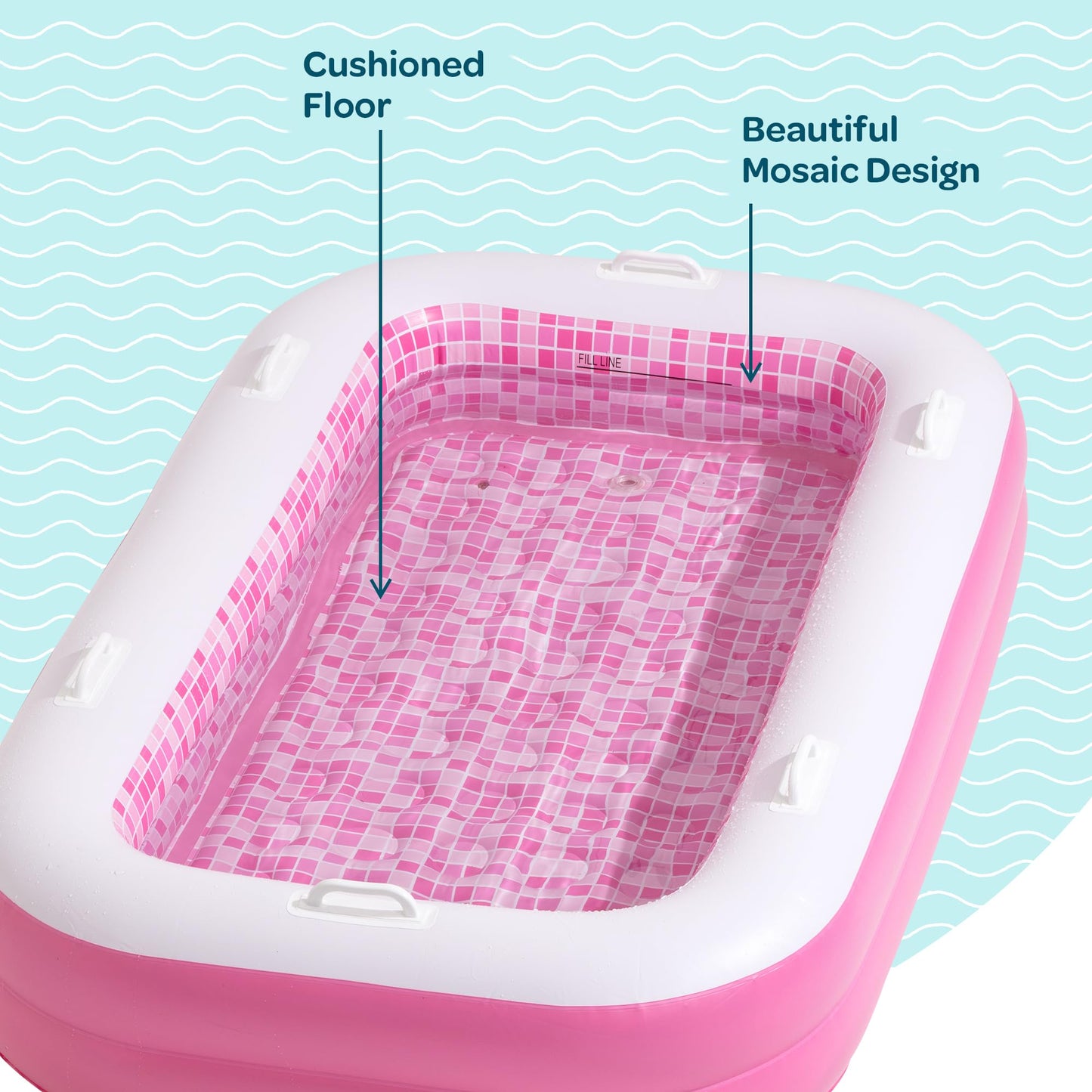 GRIP A POOL 2-in-1 Inflatable Kiddie Pool – 65x39x10 in, Soft Cushioned Floor, Handles, Drain