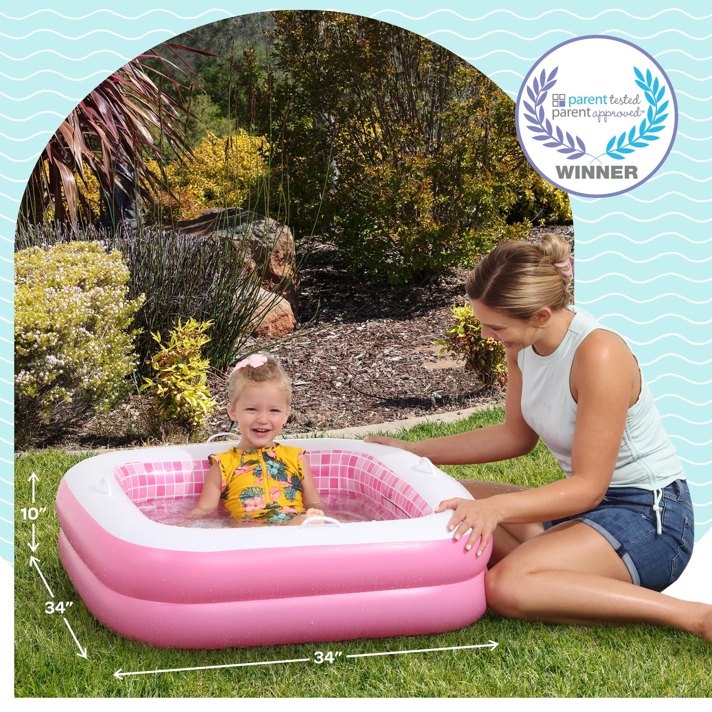 GRIP A POOL Inflatable Baby Pool for Toddlers 1-3 — 34x10 in, Handles, Soft Floor, Drain