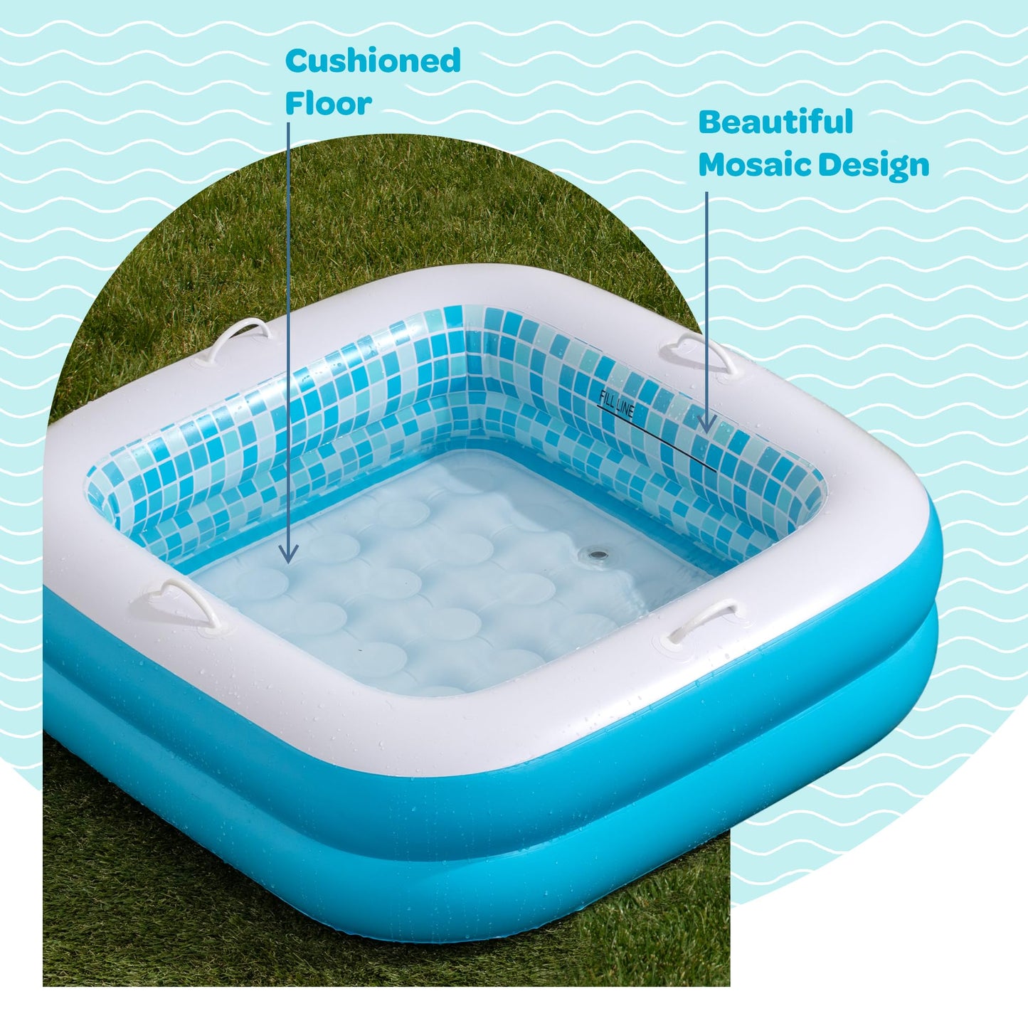 GRIP A POOL Inflatable Baby Pool for Toddlers 1-3 — 34x10 Inch Square Pool with Handles and Soft Floor
