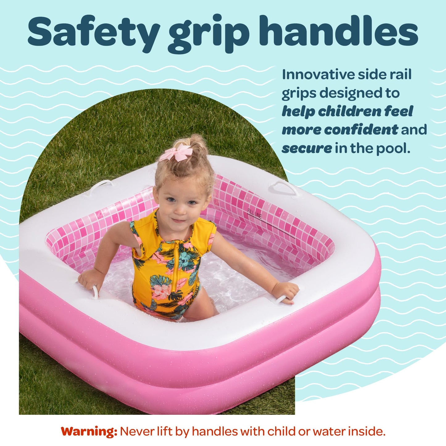 GRIP A POOL Inflatable Baby Pool for Toddlers 1-3 — 34x10 in, Handles, Soft Floor, Drain