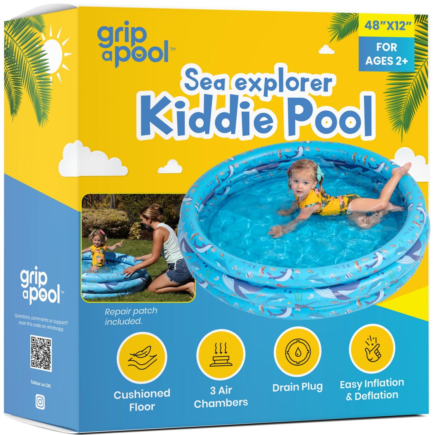 GRIP A POOL Inflatable Kiddie Pool 48x12in – Toddler Round Pool for Outdoor Water Play