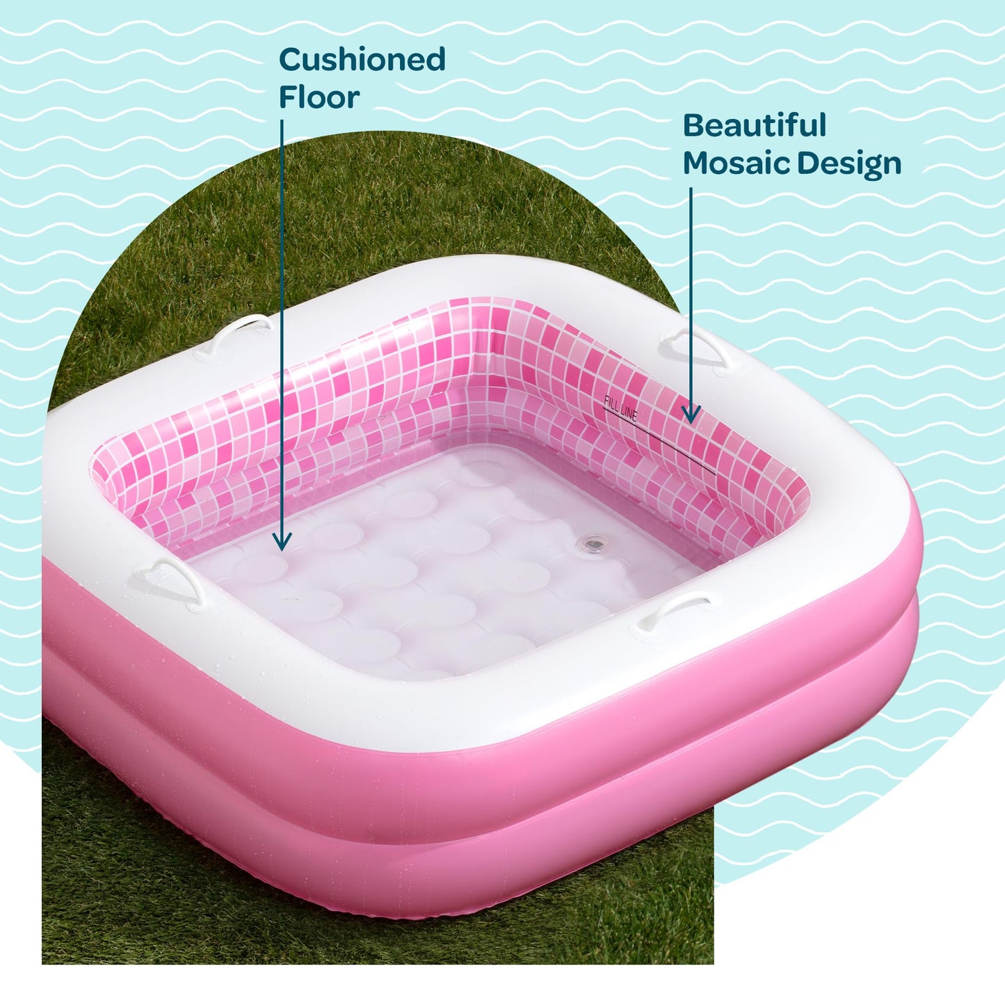 GRIP A POOL Inflatable Baby Pool for Toddlers 1-3 — 34x10 in, Handles, Soft Floor, Drain