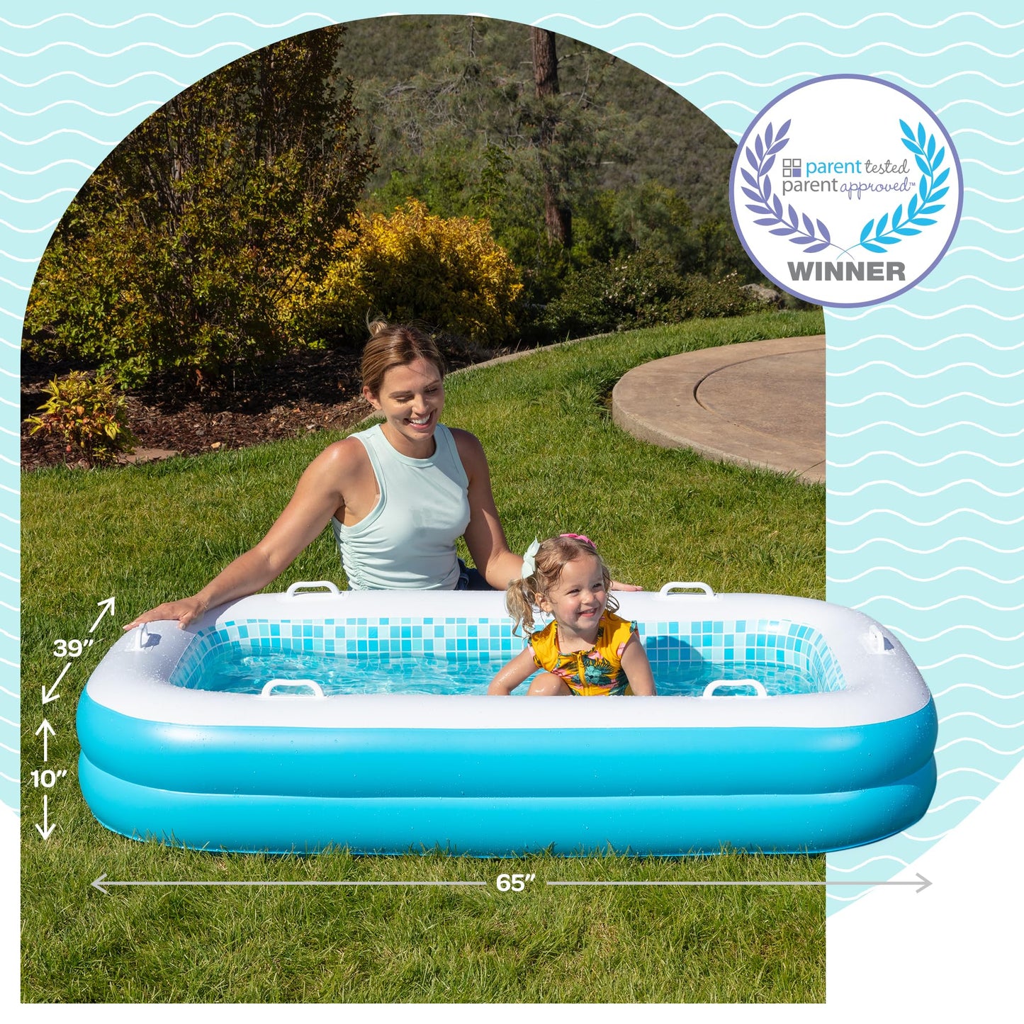 GRIP A POOL 2-in-1 Inflatable Kiddie Pool — 65x39x10 in, Soft Cushioned Floor & Side Rail Handles
