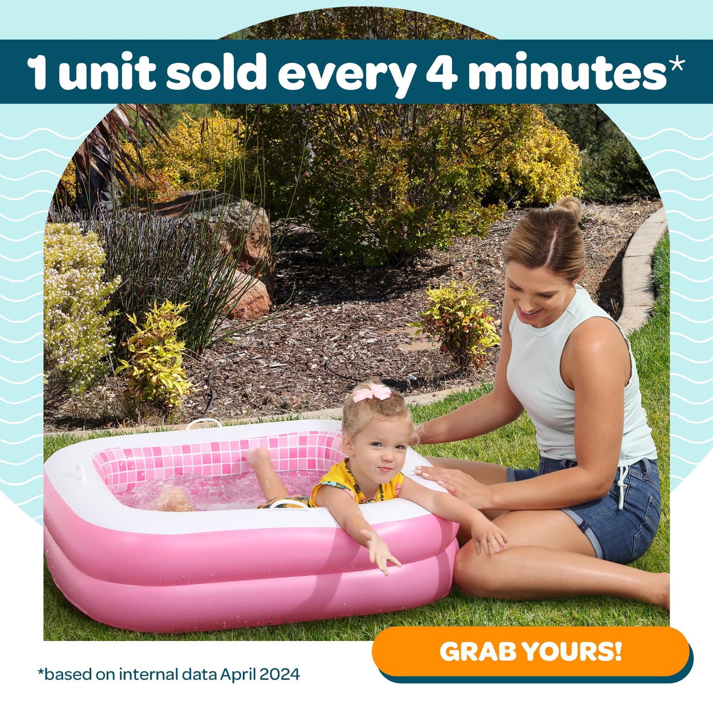 GRIP A POOL Inflatable Baby Pool for Toddlers 1-3 — 34x10 in, Handles, Soft Floor, Drain