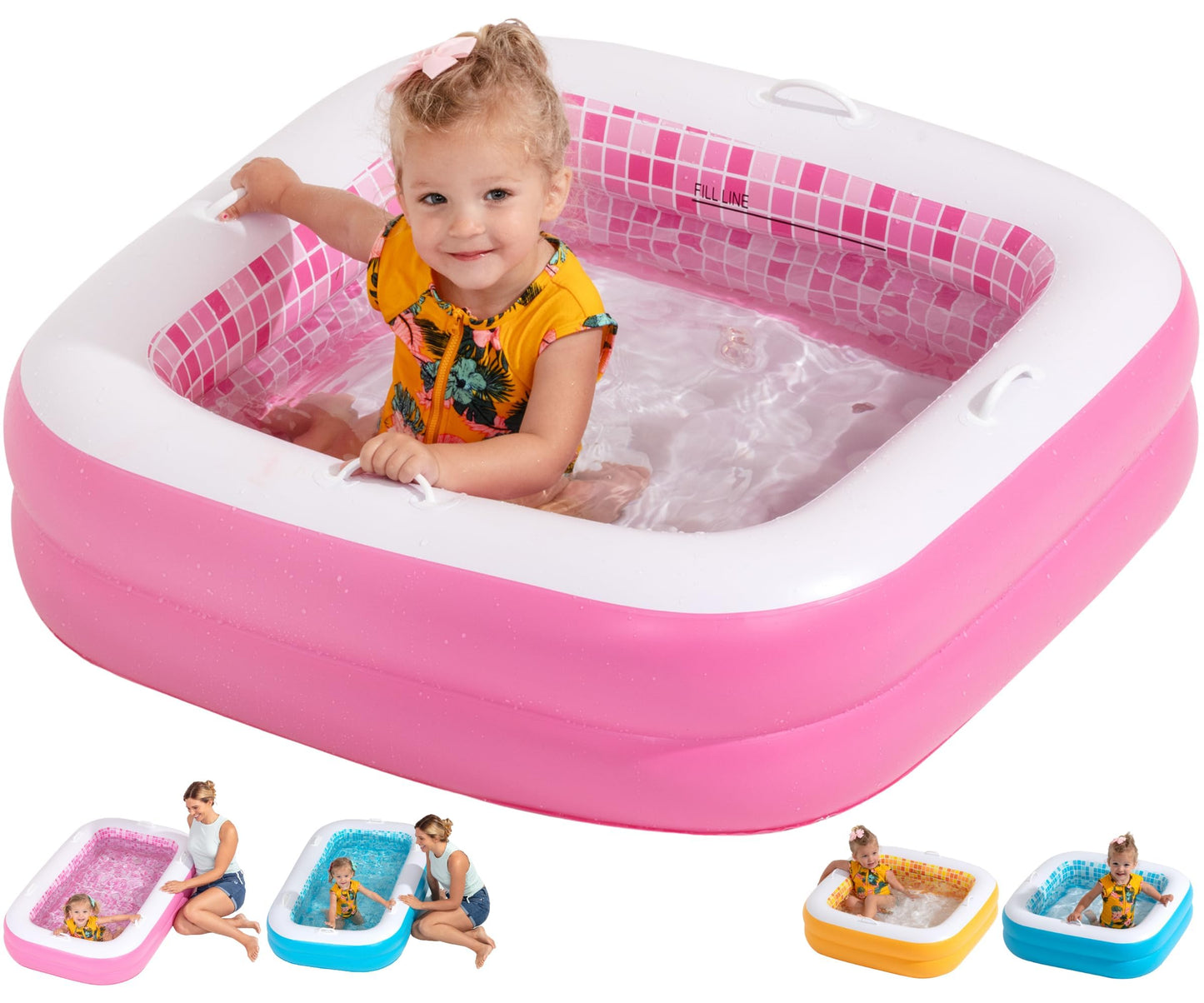GRIP A POOL Inflatable Baby Pool for Toddlers 1-3 — 34x10 in, Handles, Soft Floor, Drain