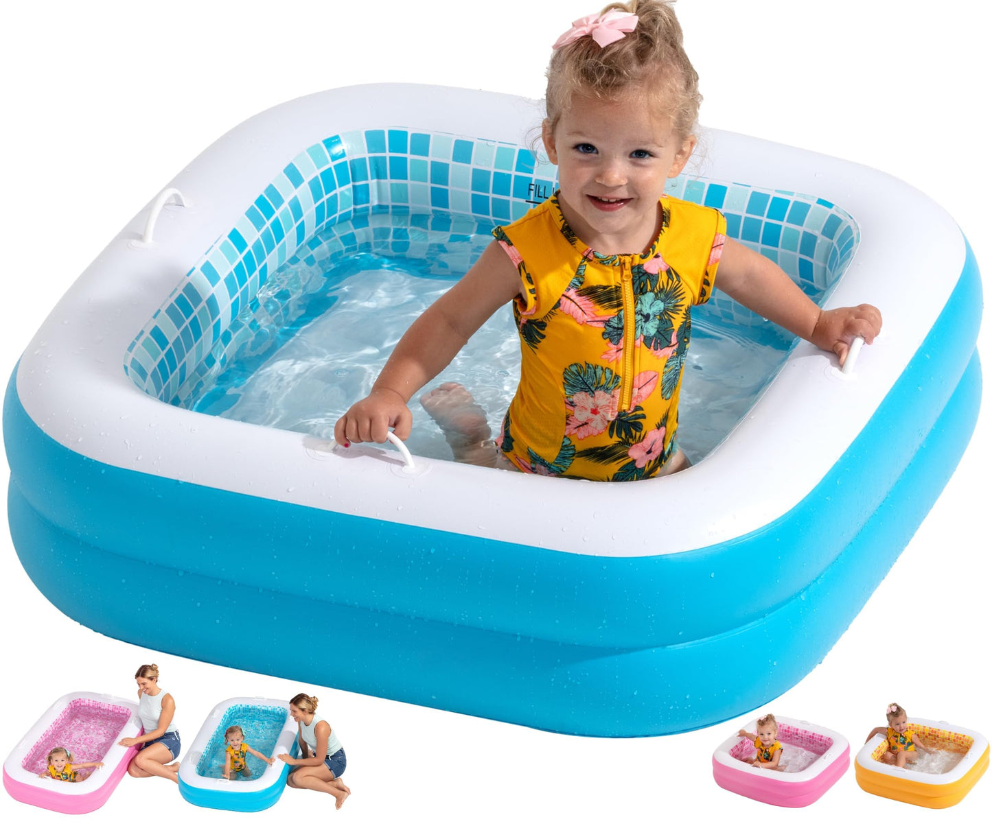 GRIP A POOL Inflatable Baby Pool for Toddlers 1-3 — 34x10 Inch Square Pool with Handles and Soft Floor