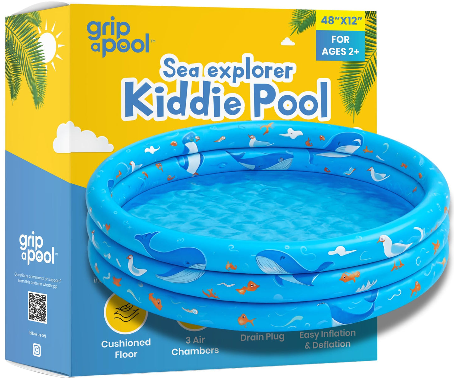 GRIP A POOL Inflatable Kiddie Pool 48x12in – Toddler Round Pool for Outdoor Water Play