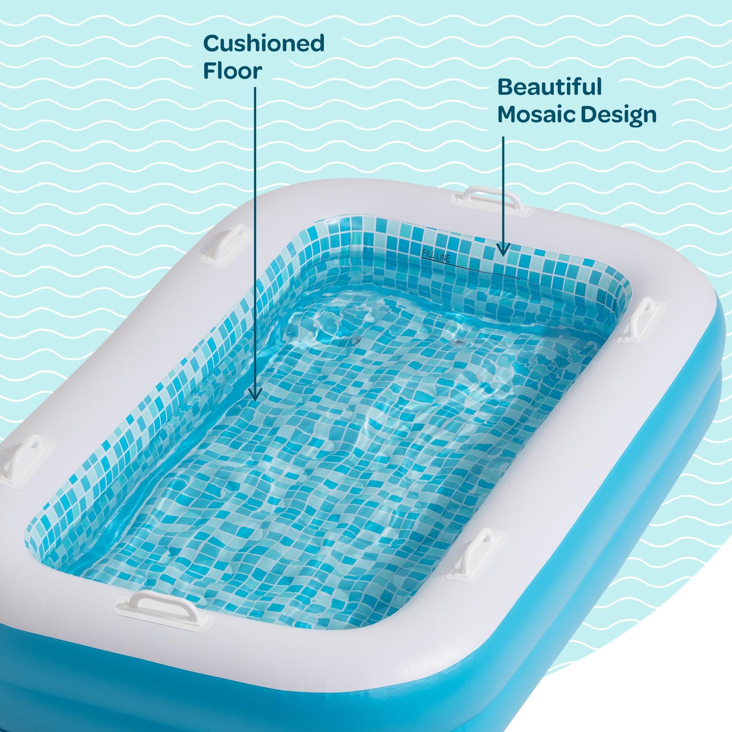 GRIP A POOL 2-in-1 Inflatable Kiddie Pool — 65x39x10 in, Soft Cushioned Floor & Side Rail Handles