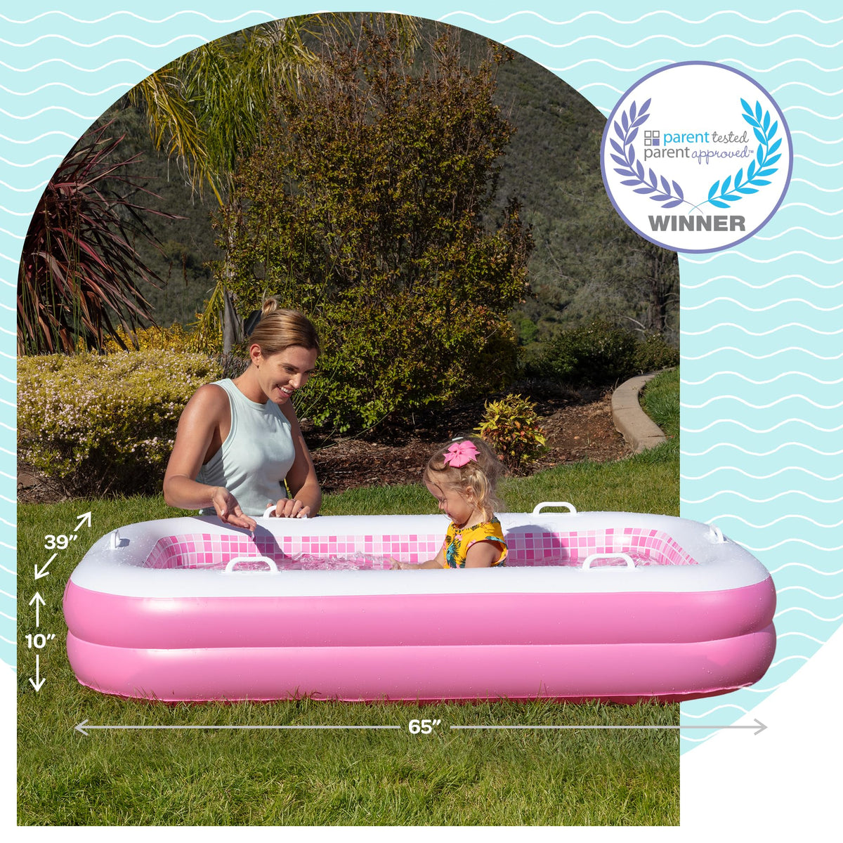 GRIP A POOL 2-in-1 Inflatable Kiddie Pool – 65x39x10 in, Soft Cushioned Floor, Handles, Drain