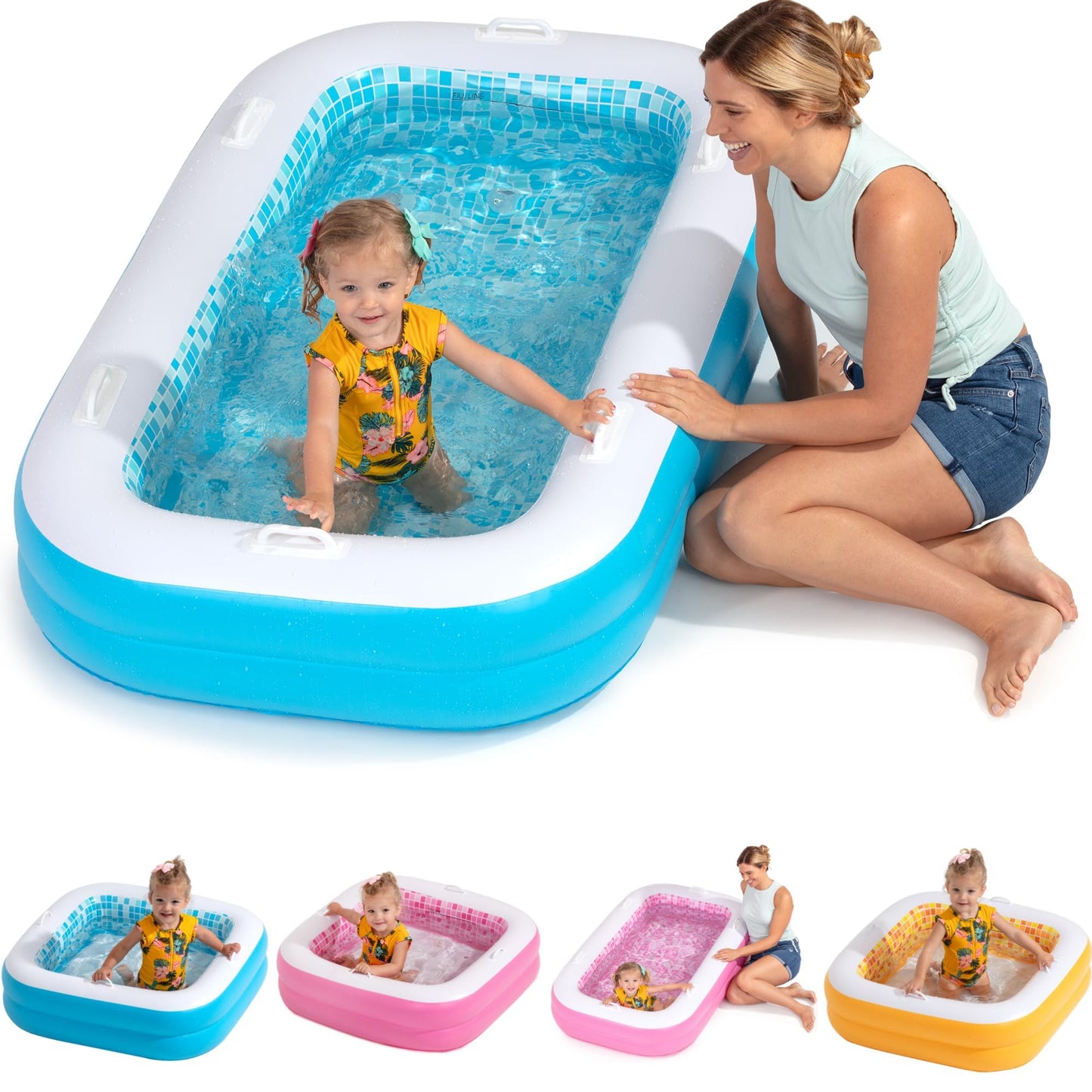 GRIP A POOL 2-in-1 Inflatable Kiddie Pool — 65x39x10 in, Soft Cushioned Floor & Side Rail Handles