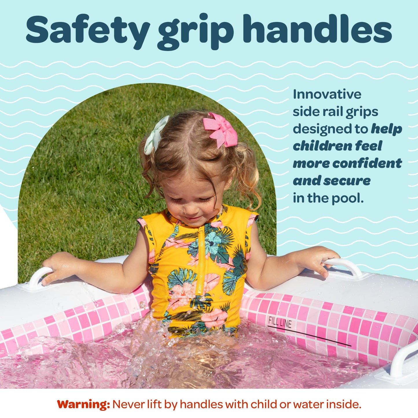 GRIP A POOL 2-in-1 Inflatable Kiddie Pool – 65x39x10 in, Soft Cushioned Floor, Handles, Drain