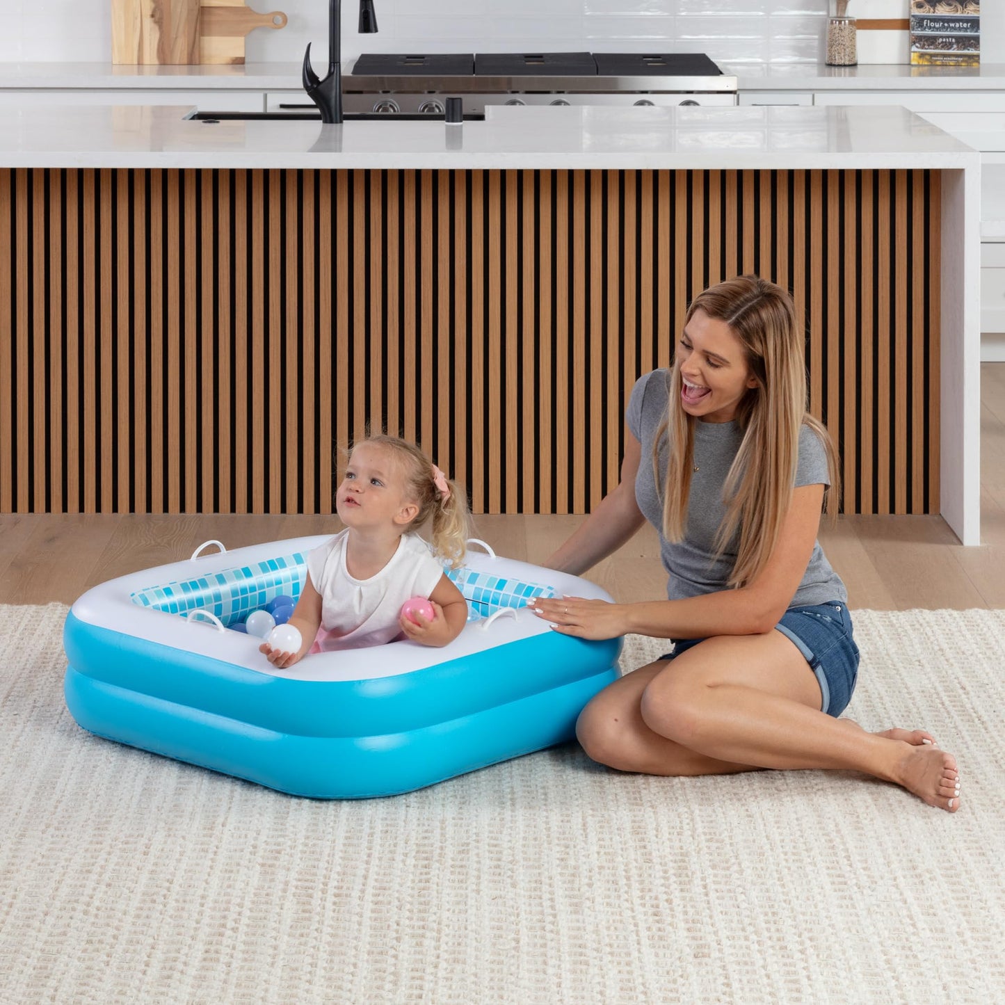 GRIP A POOL Inflatable Baby Pool for Toddlers 1-3 — 34x10 Inch Square Pool with Handles and Soft Floor