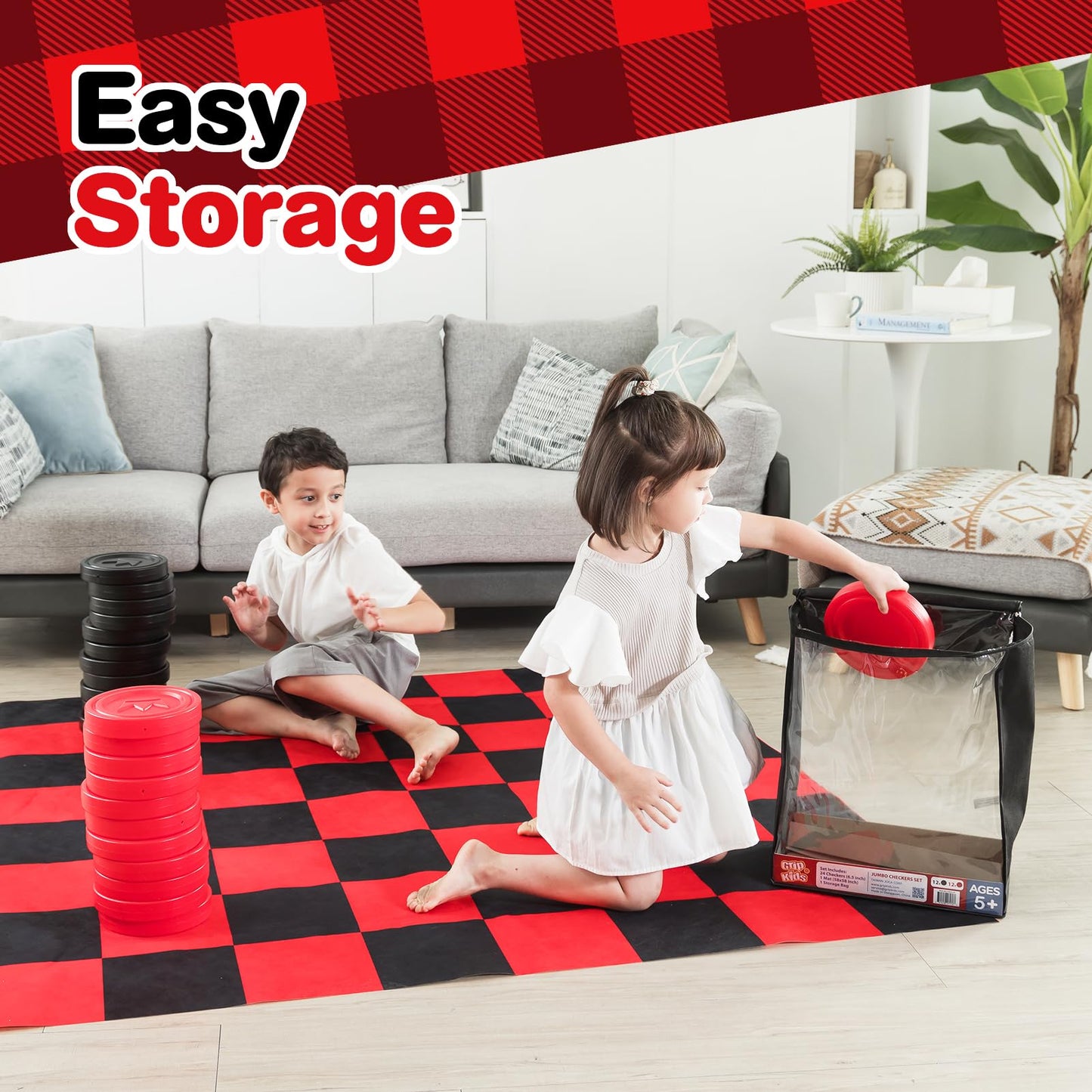 Grip Kids Jumbo Checkers Set with Storage Bag – 58-Inch Mat for Indoor & Outdoor Play (Amazon Exclusive)