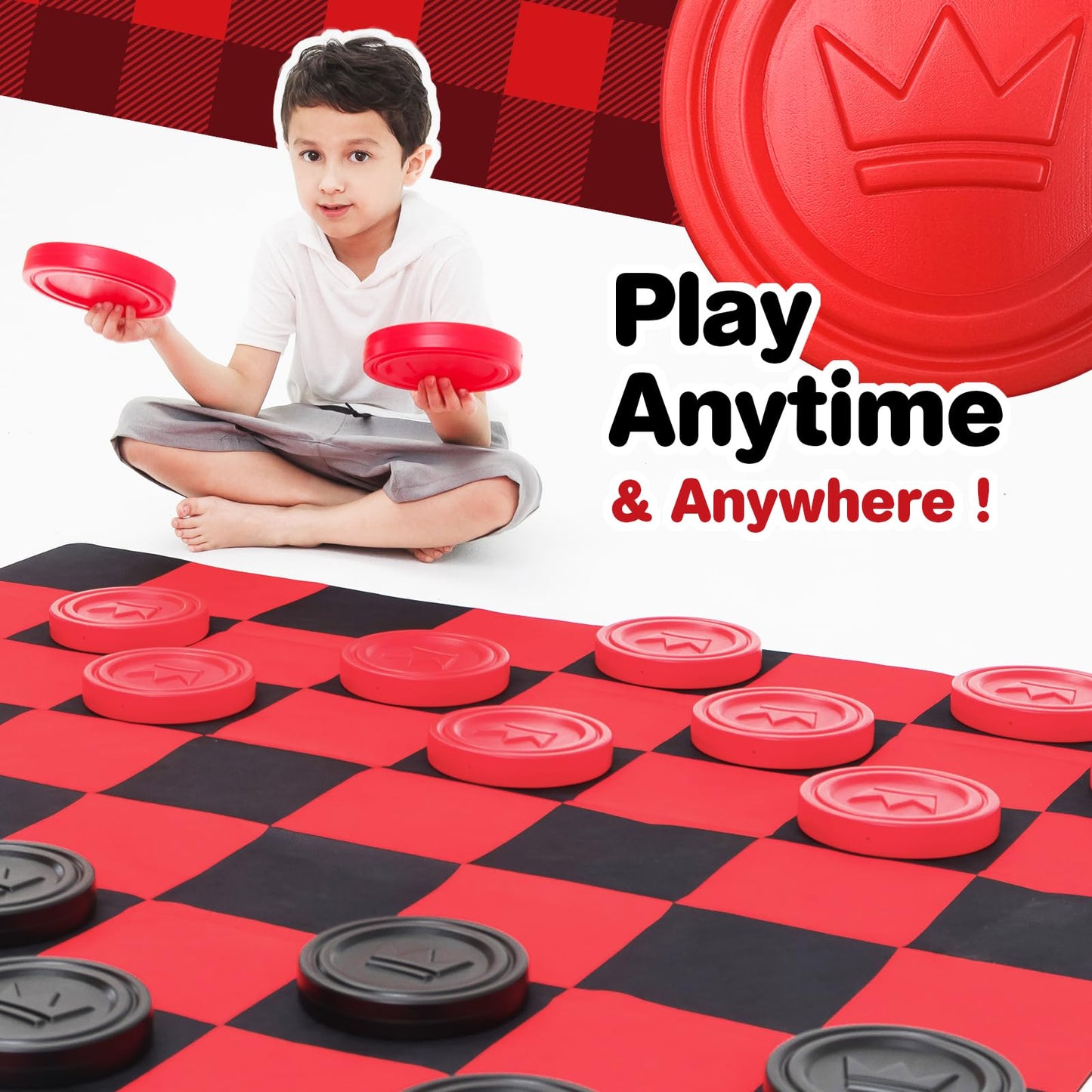Grip Kids Jumbo Checkers Set with Storage Bag – 58-Inch Mat for Indoor & Outdoor Play (Amazon Exclusive)