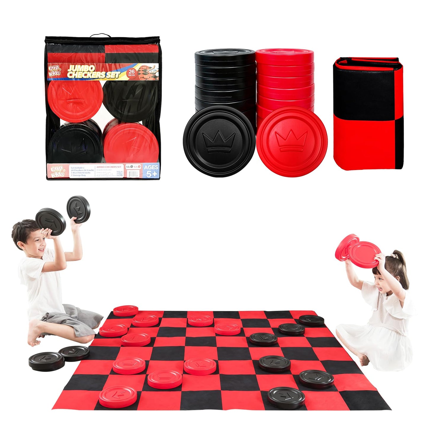 Grip Kids Jumbo Checkers Set with Storage Bag – 58-Inch Mat for Indoor & Outdoor Play (Amazon Exclusive)