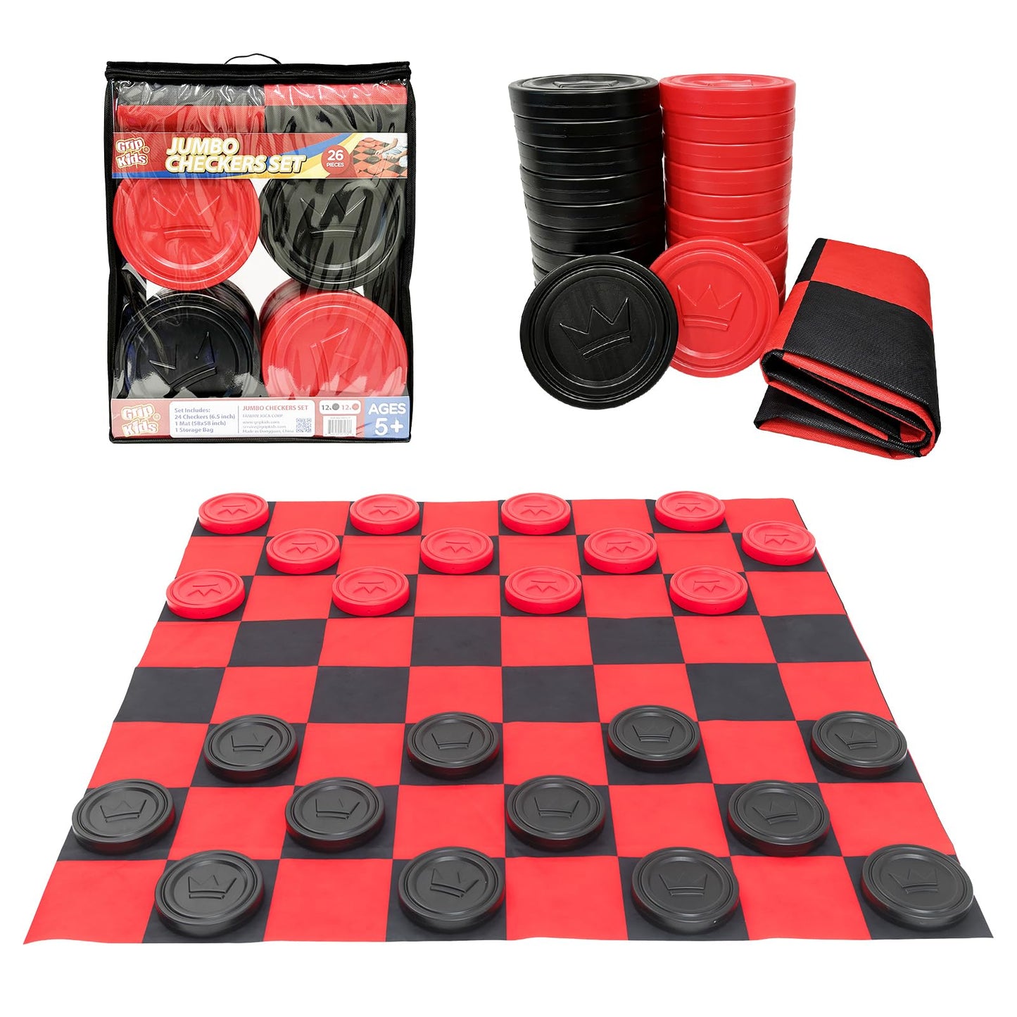 Grip Kids Jumbo Checkers Set with Storage Bag – 58-Inch Mat for Indoor & Outdoor Play (Amazon Exclusive)