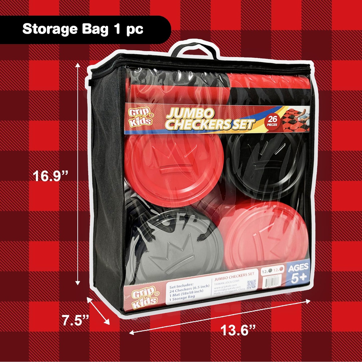 Grip Kids Jumbo Checkers Set with Storage Bag – 58-Inch Mat for Indoor & Outdoor Play (Amazon Exclusive)