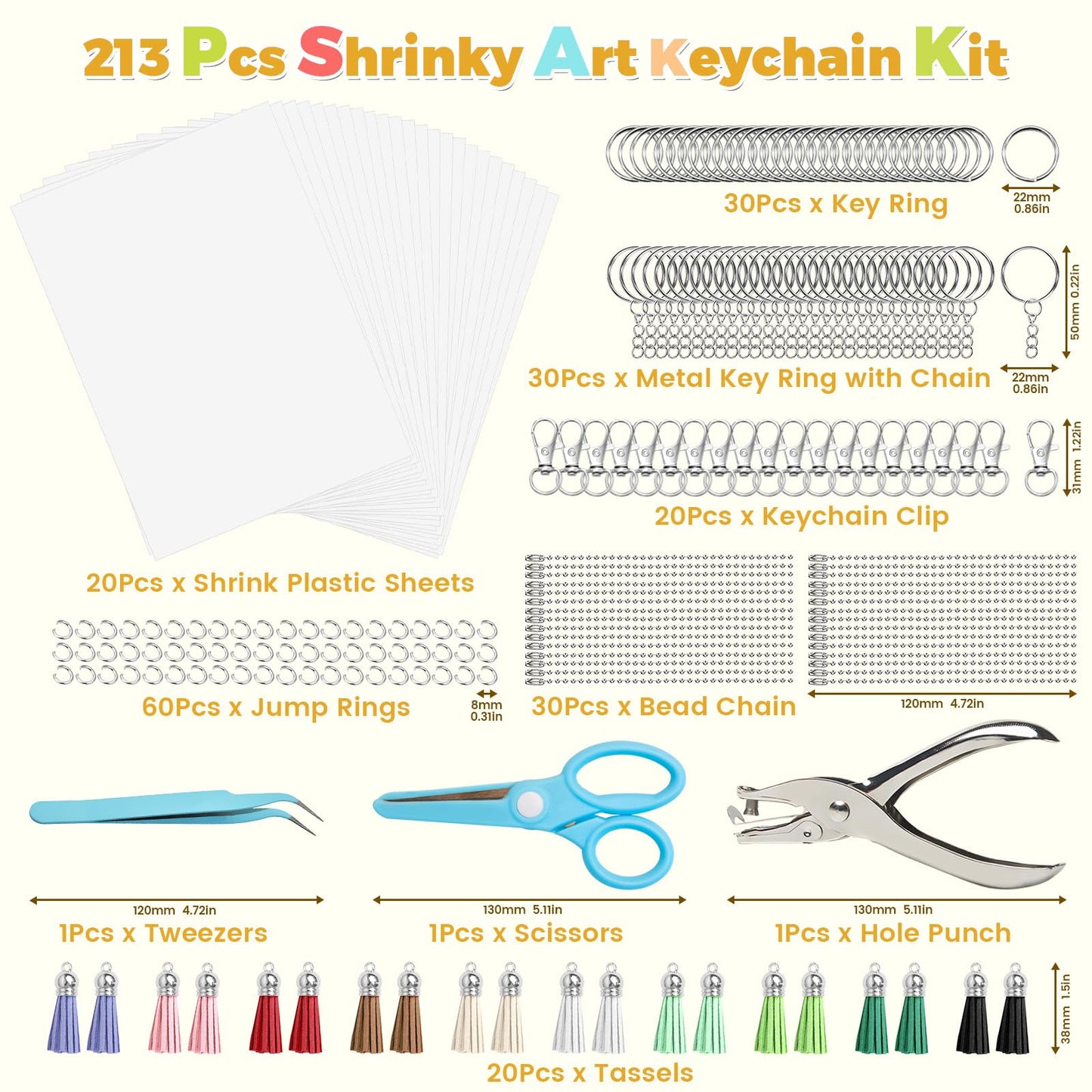 Grnheat 213 Shrinky Sheets Keychain Kit – 20 Sheets, Tassels, Key Rings & Accessories