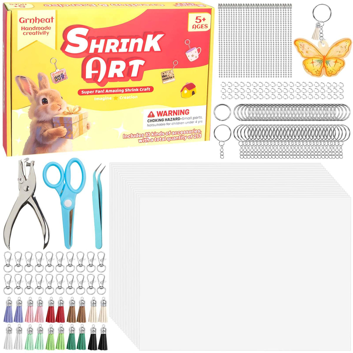Grnheat 213 Shrinky Sheets Keychain Kit – 20 Sheets, Tassels, Key Rings & Accessories