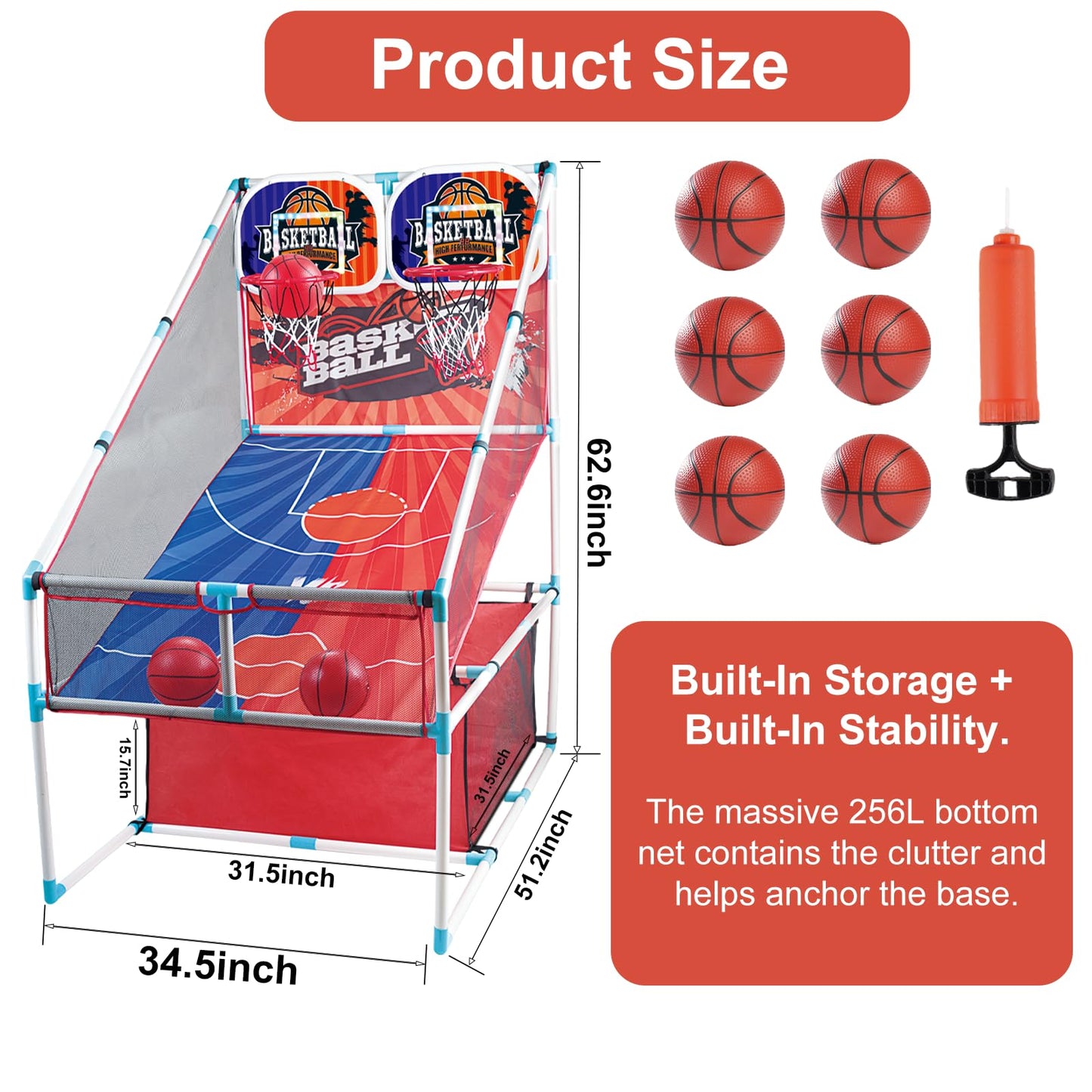 grnpeak Basketball Arcade Game - 2-Player Indoor Hoop for Kids | Balls & Pump Included