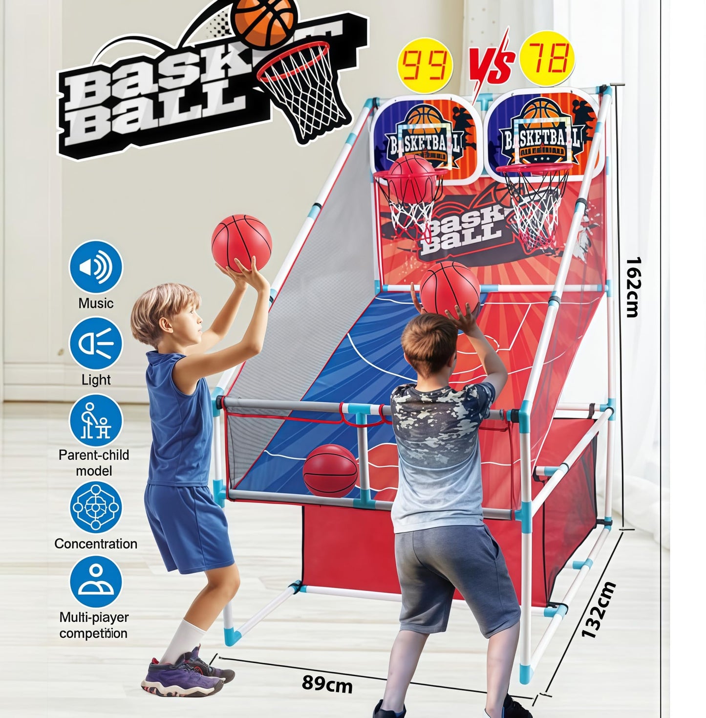 grnpeak Basketball Arcade Game - 2-Player Indoor Hoop for Kids | Balls & Pump Included