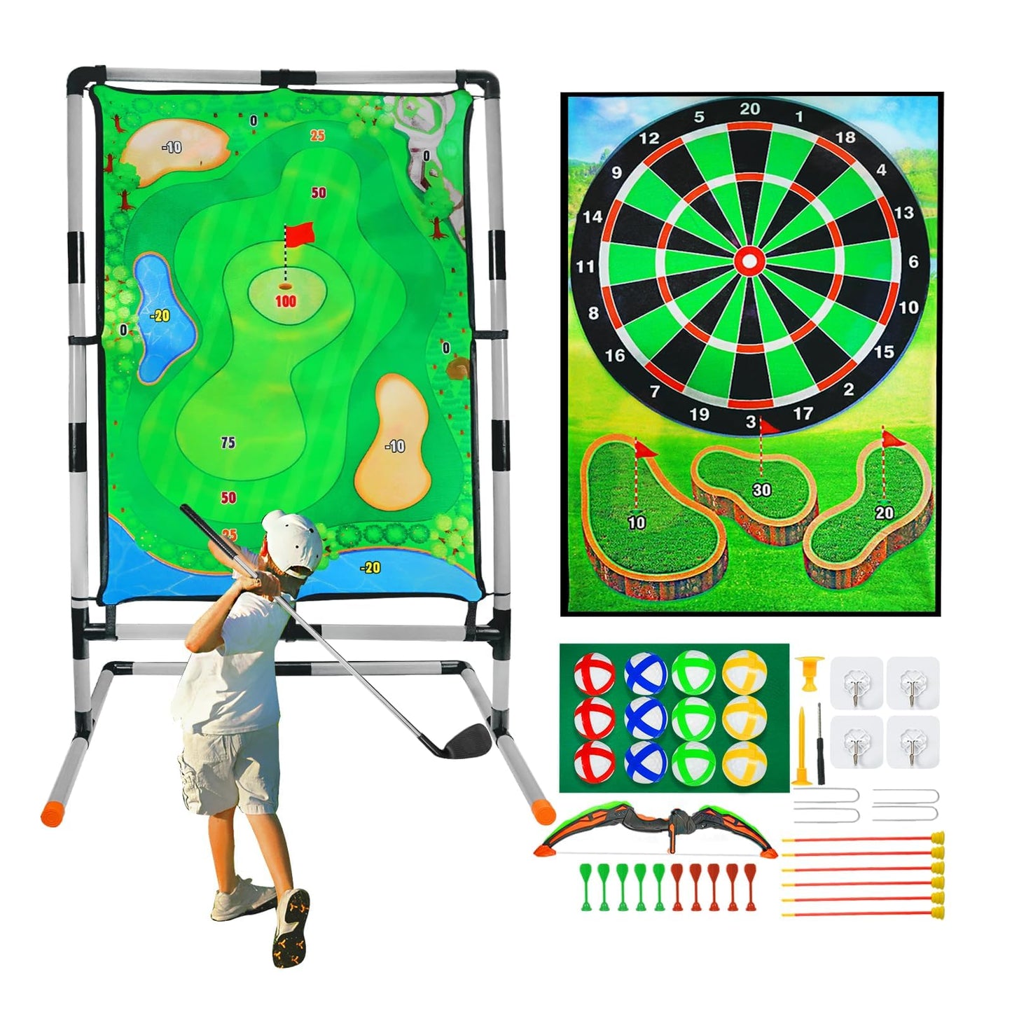 grnpeak Golf Chipping Game with Stand — 4-in-1 Multi-Sport Practice Set for Backyard, Indoor & Outdoor