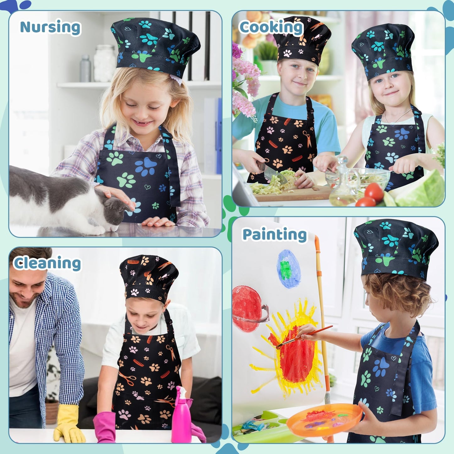 GROBRO7 4-Piece Kids Apron & Chef Hat Set – Adjustable, Waterproof, Ages 3-6