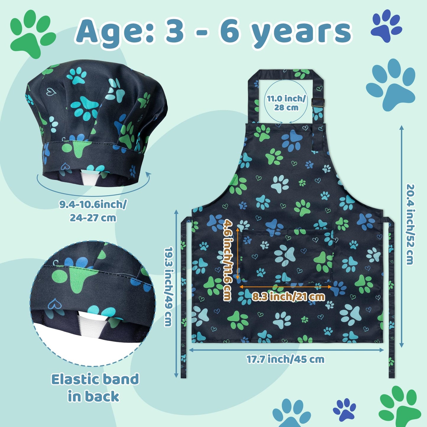 GROBRO7 4-Piece Kids Apron & Chef Hat Set – Adjustable, Waterproof, Ages 3-6