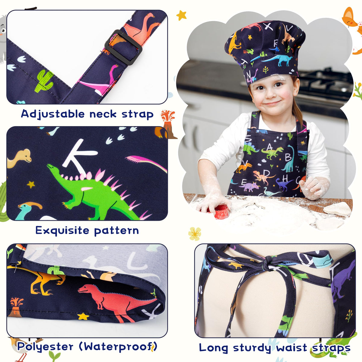 GROBRO7 4-Piece Kids Apron & Chef Hat Set – Adjustable Waterproof Kitchen Playwear