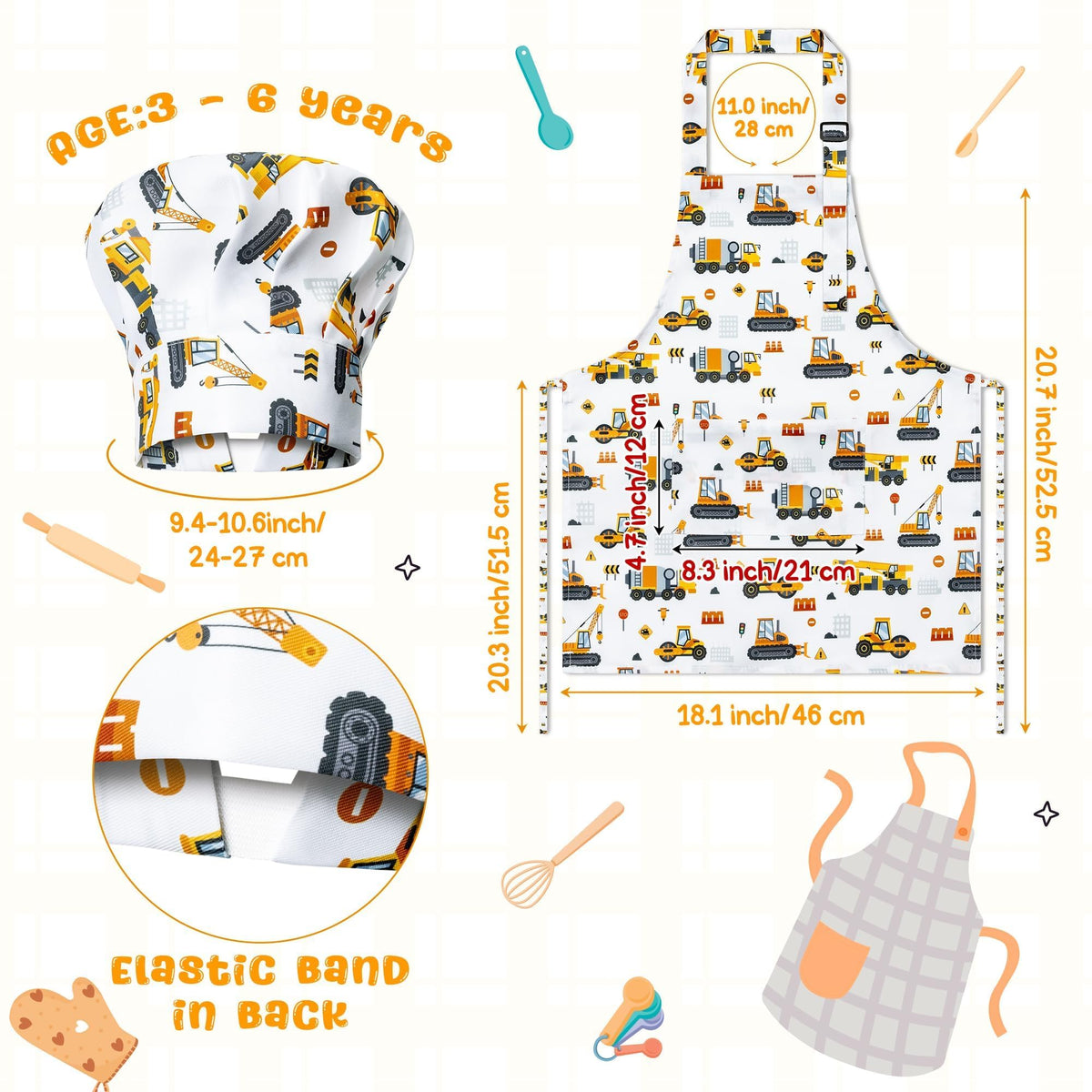GROBRO7 4Pcs Kids Apron and Chef Hat Set – Dinosaurs & Construction Vehicles, Adjustable, Waterproof