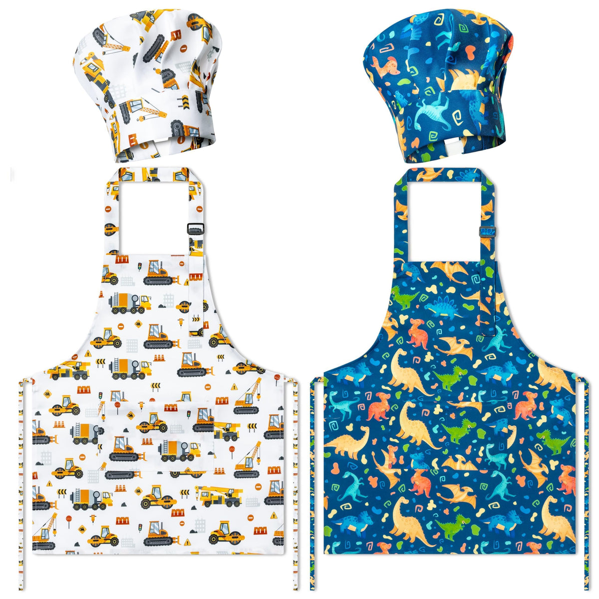 GROBRO7 4Pcs Kids Apron and Chef Hat Set – Dinosaurs & Construction Vehicles, Adjustable, Waterproof